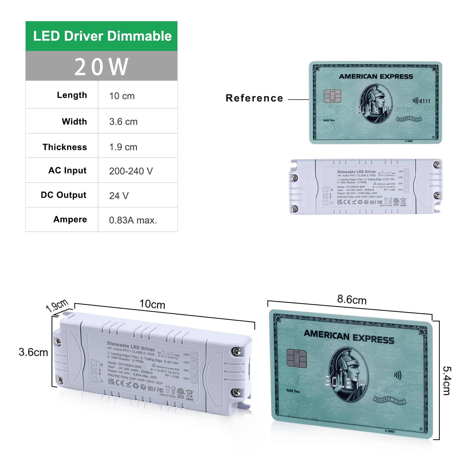 REYLAX LED Driver Dimmable 24V 20W 830mA, Triac & 0-10V&1-10V & PWM & 100k Resistor, AC 240V to 24V DC Transformer, Constant Voltage Thin LED Power Supply, Low Voltage Transformers for LED Lights