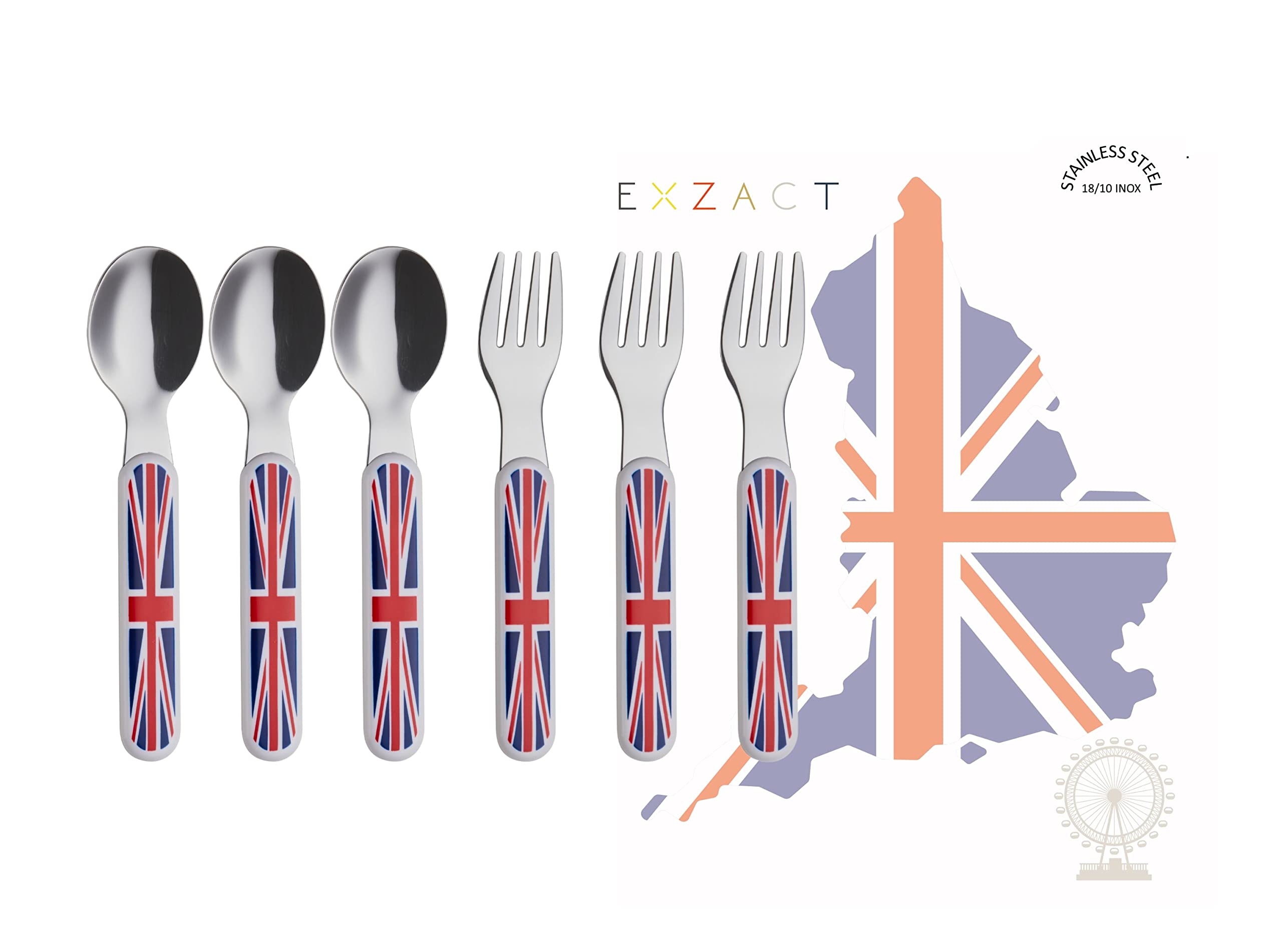 EXZACT Union Jack Kids Cutlery 6pcs Stainless Steel 18/10 Toddler Children's Cutlery - 3 x Forks, 3 x Spoons - BPA Free - Dishwasher Safe - Union Jack