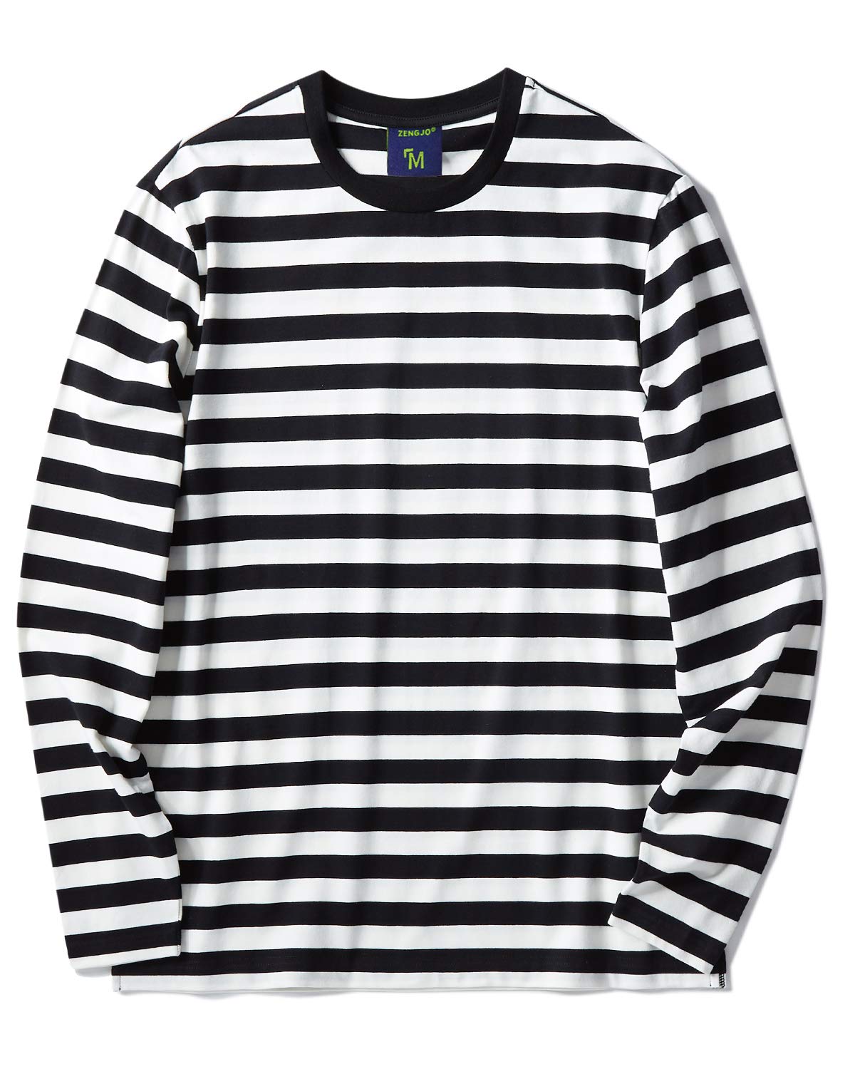 Mens Striped Long Sleeve T Shirt(L,Black&White Wide)