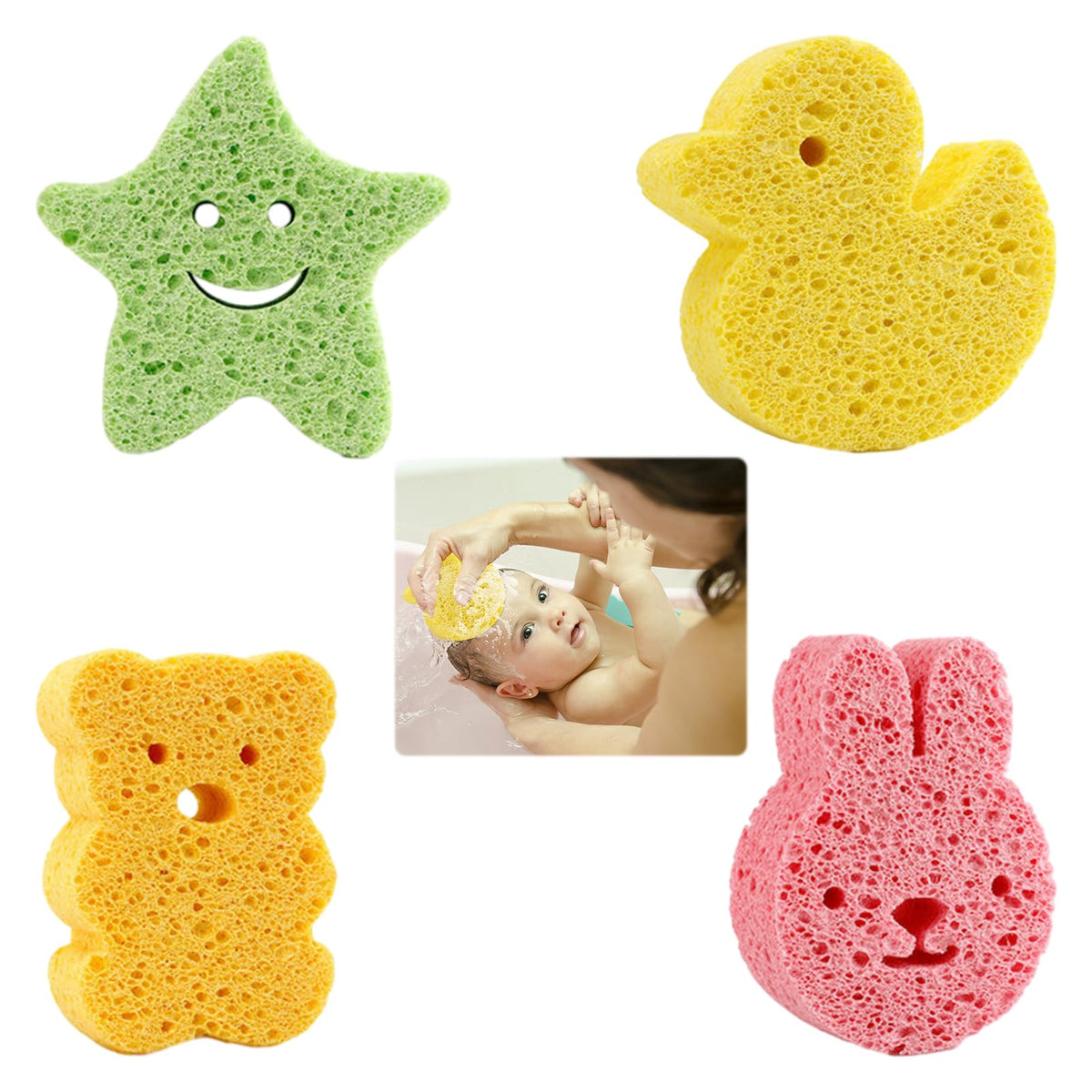 4Pcs Baby Bath Sponges,Soft Cute Animal Shapes Baby Bath Sponge Kids,Baby Sponges for Bath Newborn Gentle on Newborn and Toddler Skin(Orange,Green,Yellow,Pink)