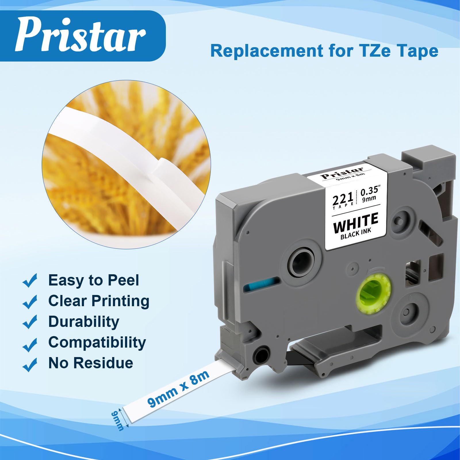 Pristar Compatible TZe-221 Label Tape Replacement for Brother Label Printer Tape 9mm TZe221 TZc221 for Brother PT-H110 PT-H100LB PT-H101C PT-H107B PT-P300BT PT-D210VP PT-1000, Black on White, 3-Pack