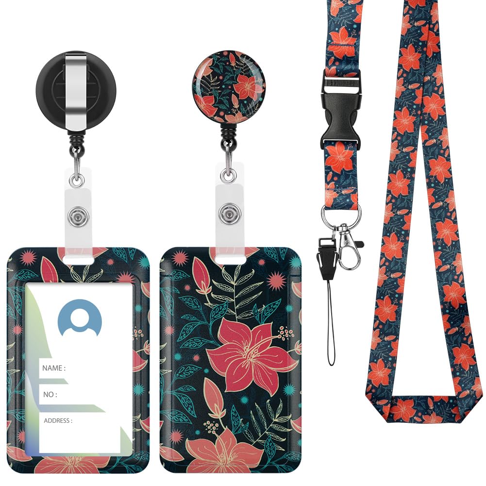 Vicloon Lanyard with Card Holder, 2Pcs ID Badge Holder with Lanyard, Retractable Badge Reel Carabiner Clip and Detachable Lanyard Strap Hard Card Protector for Women Teacher Student (Red Flower)