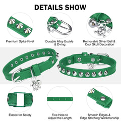 DILLYBUD Leather Cat Collars for Boy Girl Cats with Bell and Safety Elastic Belt, Personalized Rivets Stud Adjustable Safe Buckle Collar with Skull Charm for Kitty Small Pets Size 8-12 Inch, Green