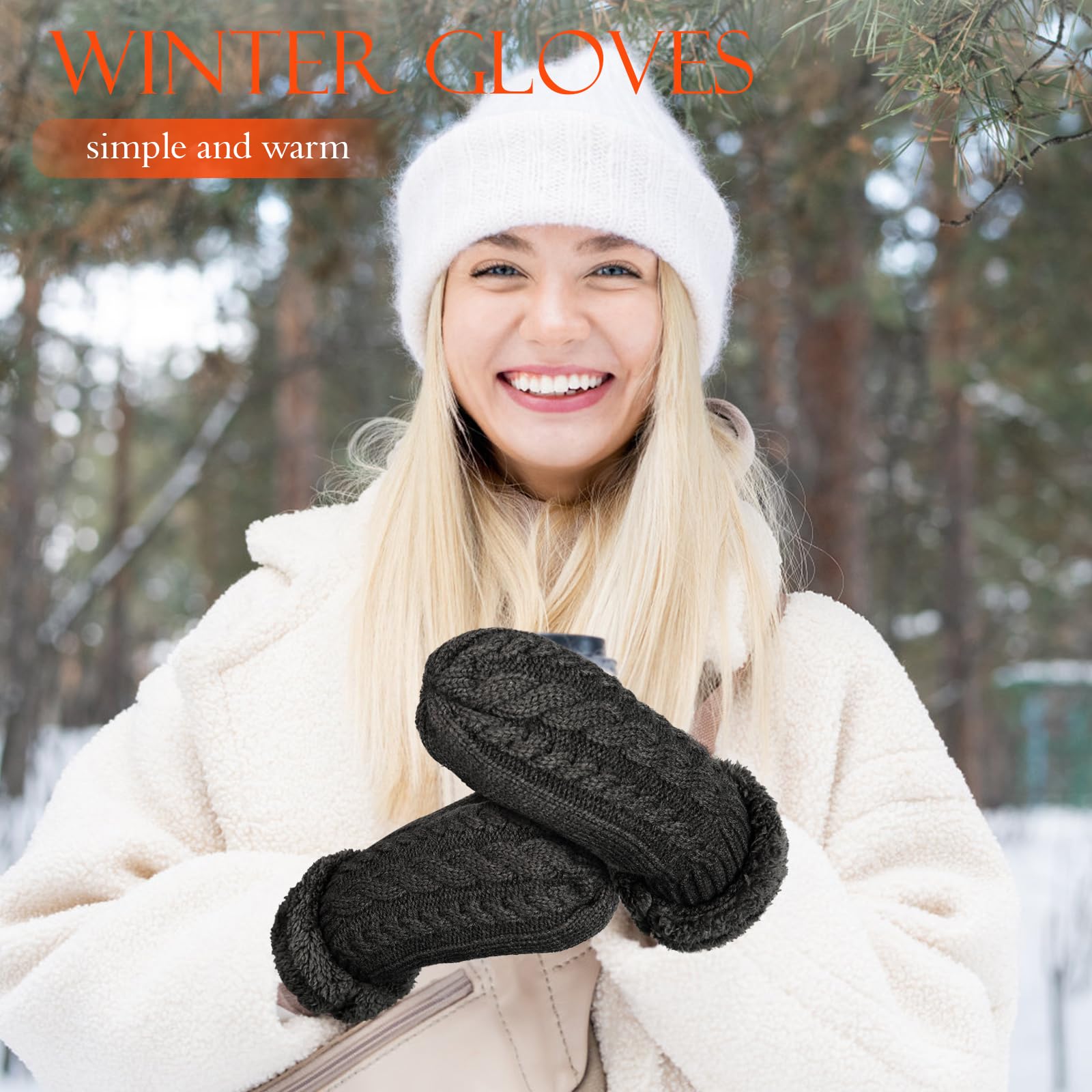 AURUZA Mittens Women, Ladies Thick Fleece Lined Insulated Warm Knitted Winter Thermal Mittens Fingerless Women's Gloves & Mittens (Black)