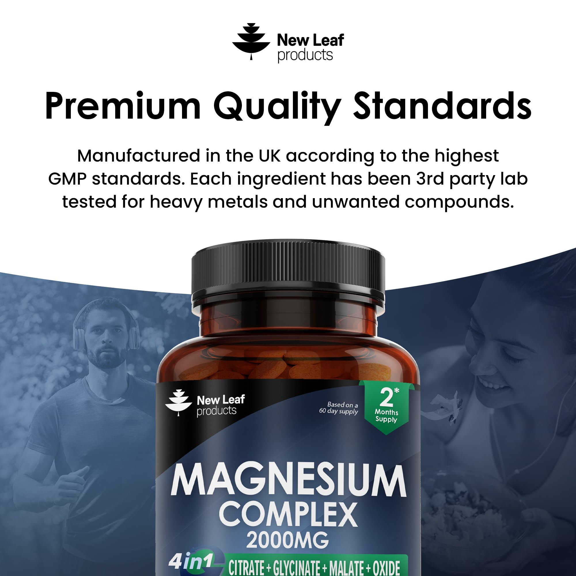 Magnesium Glycinate 4-in-1 Complex 2000mg - High Strength Magnesium Supplements - Magnesium Bisglycinate,Citrate, Malate, Oxide - 360 Capsules 449mg Elemental Magnesium - Vegan UK Made by New Leaf