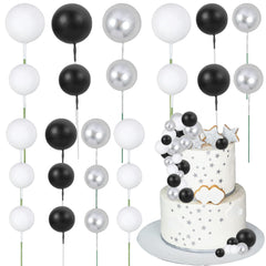 Gyufise 30Pcs Balls Cake Toppers Ball Cake Picks Ball Shaped Cupcake Toppers Foam Balls Cake Topper Mini Balloons Cake Decorations for Wedding Baby Shower Birthday Party Supplies Black White Silver