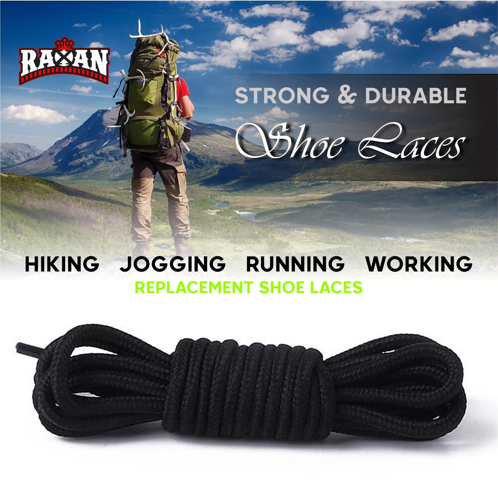 Heavy Duty Round Boot Laces, Shoelaces for Mountaineering, hiking running working casual Steel Toe Cap Boots Safety Boots Hunting Boots Replacement Bootlaces (Jet BLACK, 25 inches / 63CM)