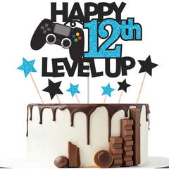 Gidobo 12th Birthday Cake Toppers, Black Glittery Cake Decorations with Controllers Themed, Twelve Years Old Level Up Video Game Birthday Party Supplies for Boys