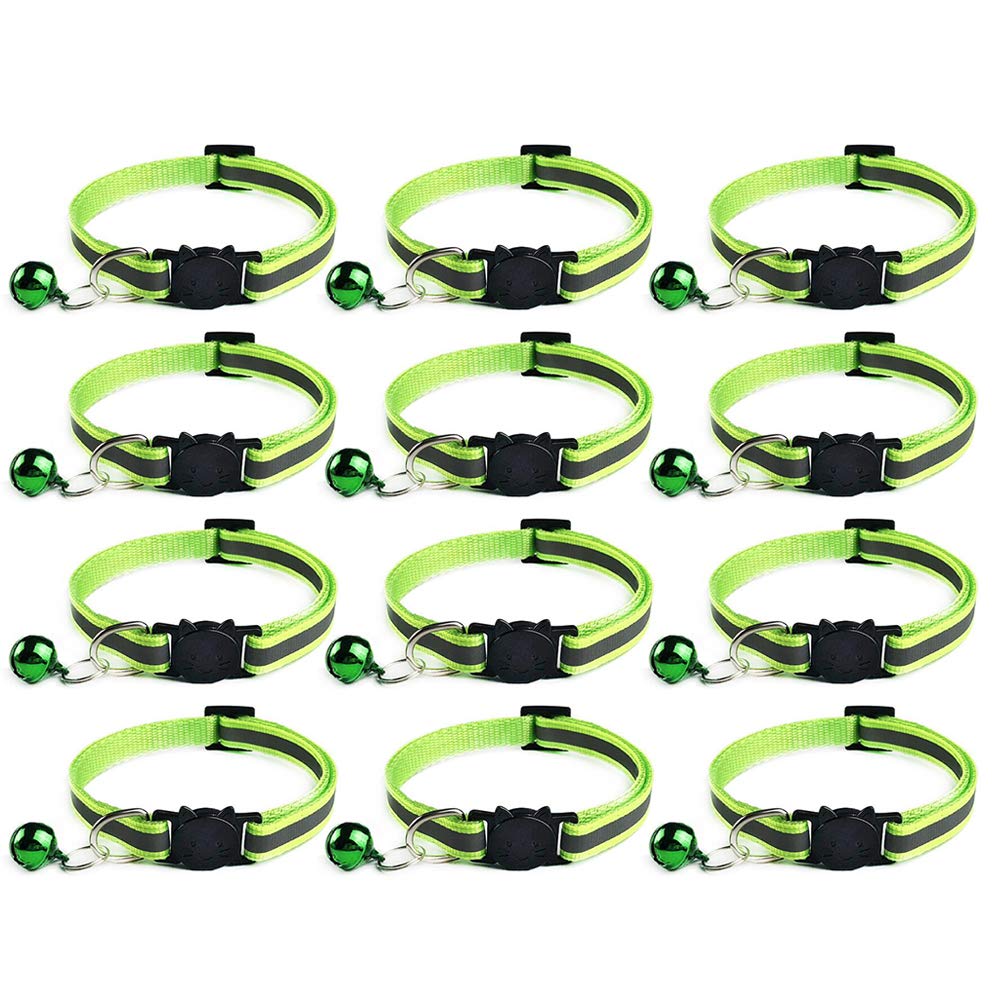 Tafeiya 12x Reflective Design Adjustable Cat Collars More Safety Quick Release Safety Buckle with Bell (Fluorescent Green)