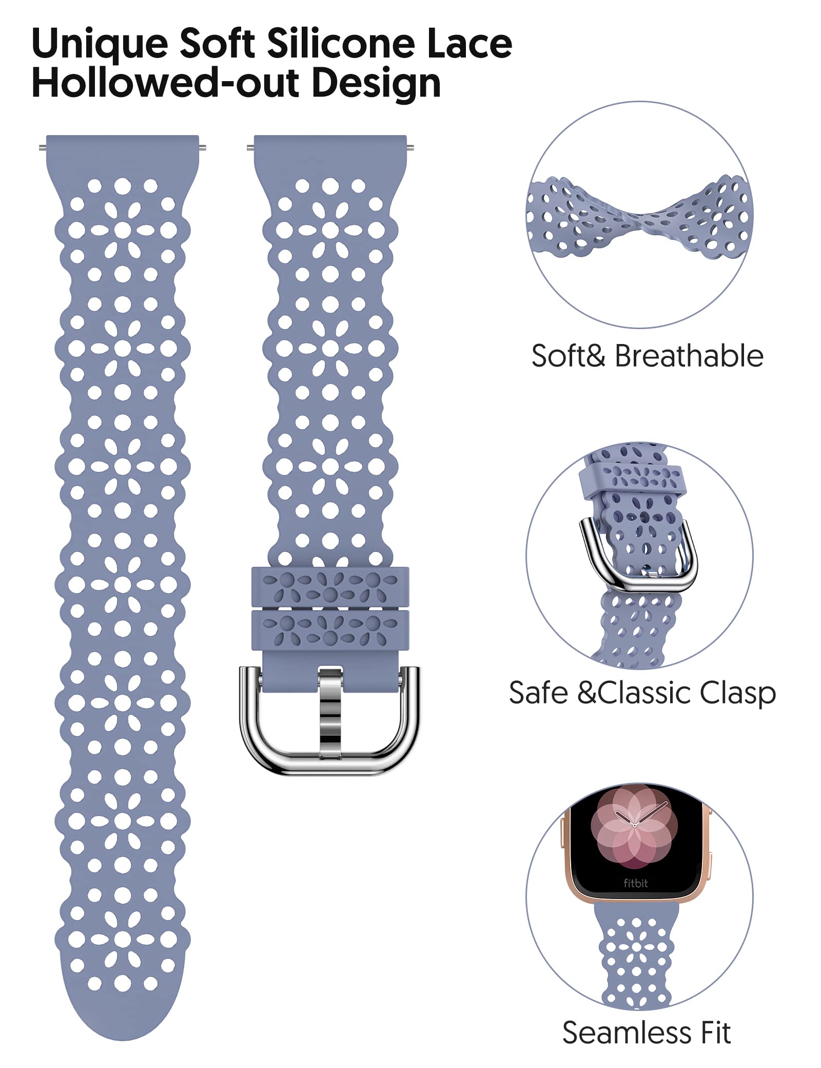 TOYOUTHS Lace Silicone Strap Compatible with Fitbit Versa/Fitbit Versa 2, Women Slim Cute Hollow-Out Sport Strap Replacement for Versa Lite/Versa SE, Breathable Waterproof Soft Strap, Blue