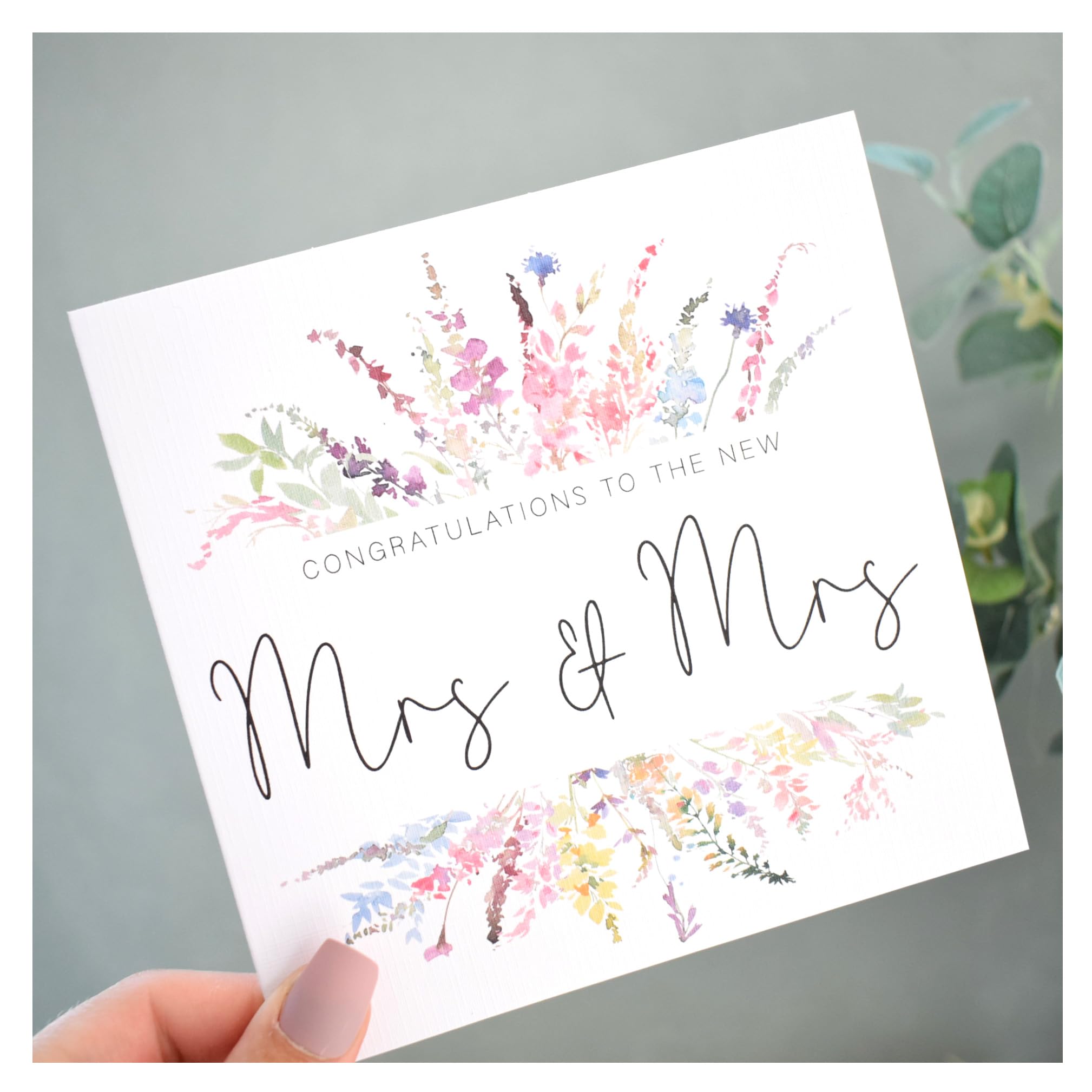 Congratulations Mrs & Mrs   Bride & Bride Wedding Greeting Card   Gay Lesbian Ceremony   Newly Married Couple   Wife   Rainbow Florals   148mm Square