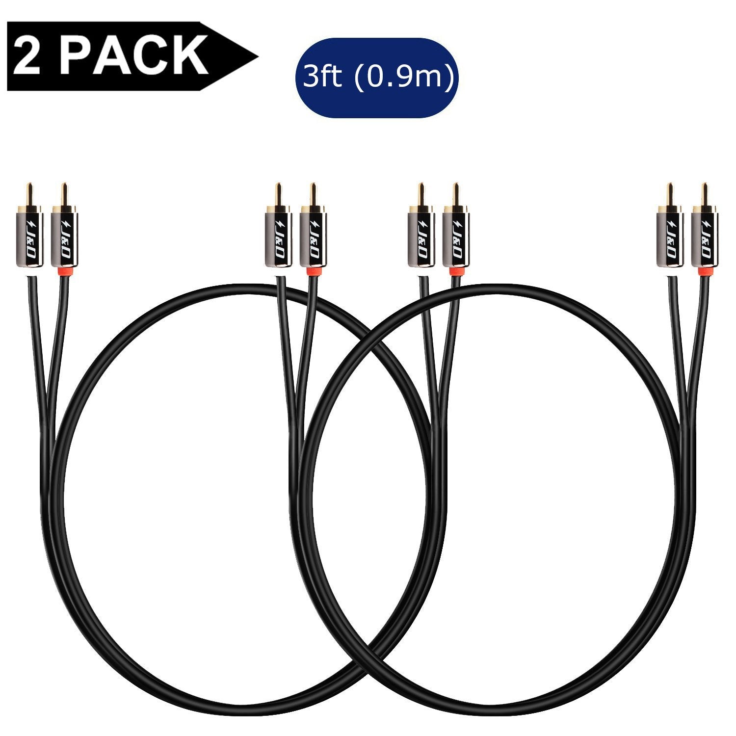 J&D RCA Cable, (2 Pack) Gold-Plated 2RCA Male to 2RCA Male Copper Shell Stereo Audio Cable, RCA Audio Cables, 0.9 Meter