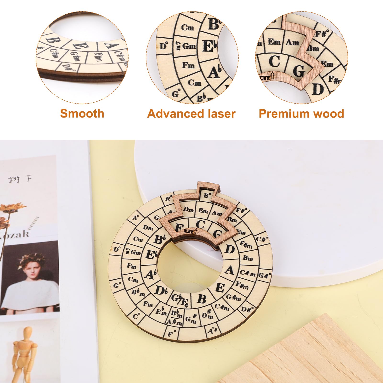 Wooden Melody Tool, Round Circle of Fifths Wheel Melody Chord Tool Music Transpose Accessories Wooden Chord Wheel for Musicians Musical Beginners Songwriters for Notes Chords Key Signature