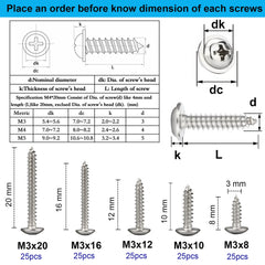 FandWay Phillips Pan Head With Washer Self-Tapping Screws, M3 x 8/10/12/16/20mm,304 Stainless Steel Wafer Head Tapper Screws, Truss Head Screws,Wood Screws Assortment Set (25-Pieces/each)