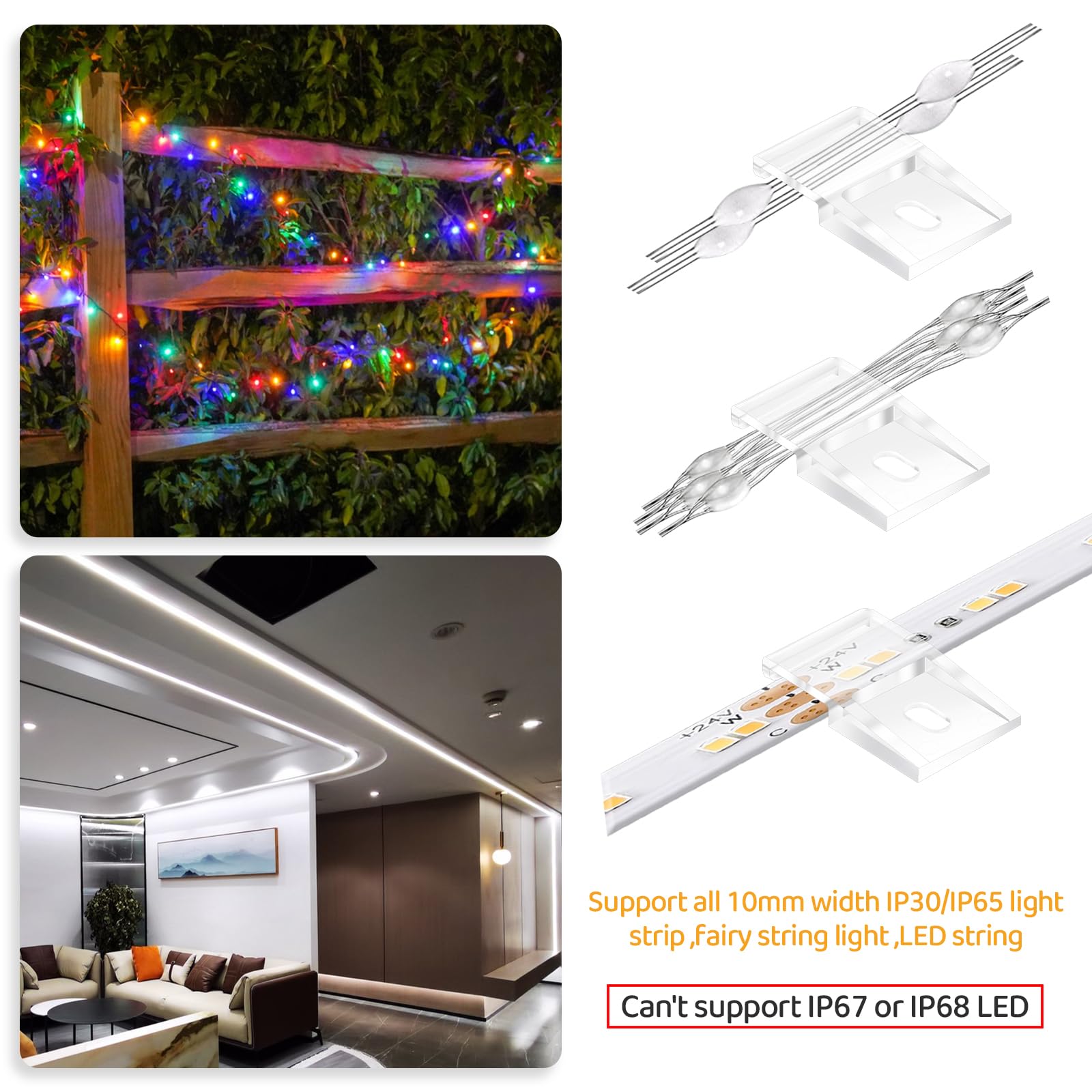 20Pcs Light Strip Mounting Clips Clear Self Adhesive LED Strip Light Fixing Clips Led Light Fasteners Mounting Holder Brackets with Screws Cable Clamp Organizer for 10mm Light Strip