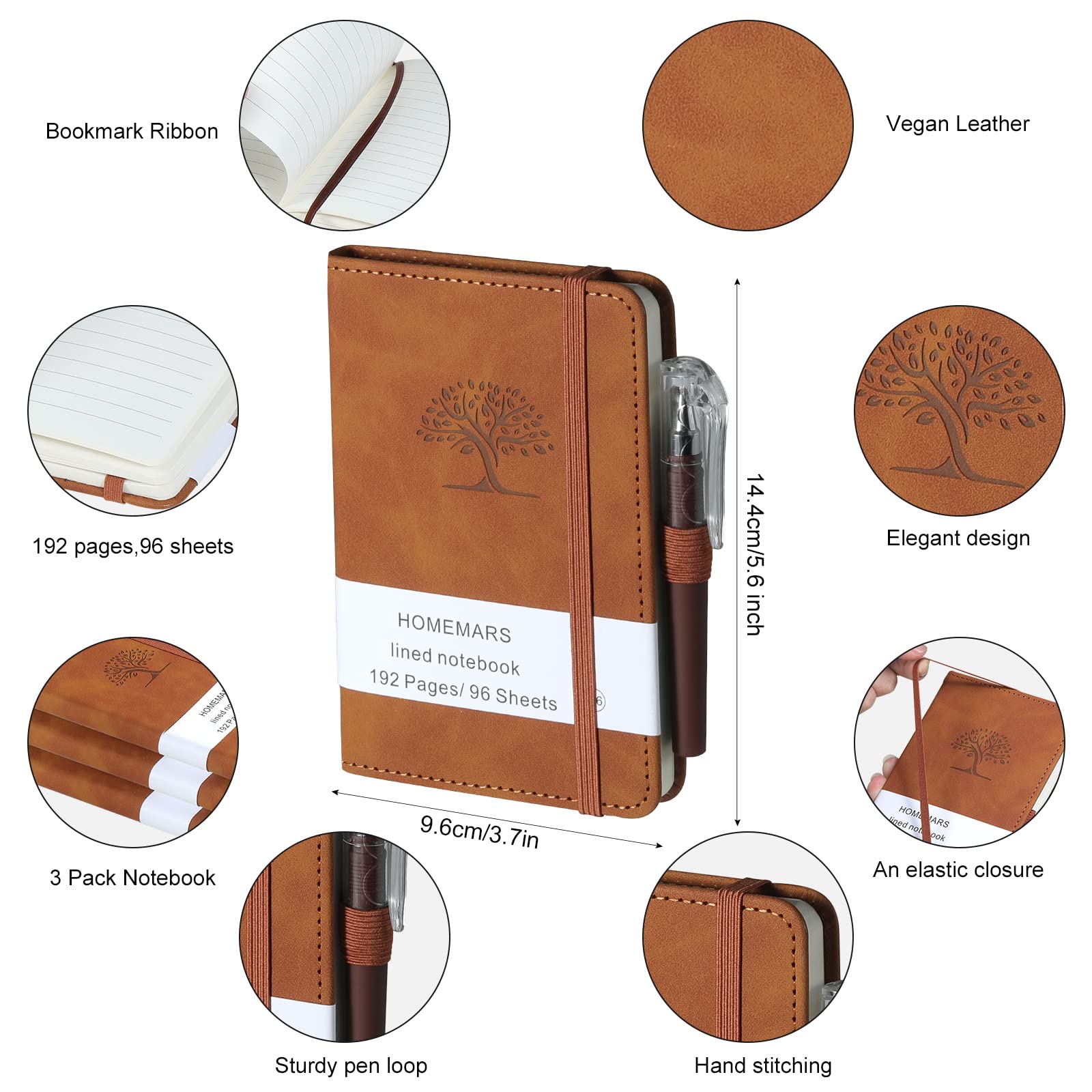 HOMEMARS Pocket Notebook, Small Notebook, 3 Pack, Pocket Notepad,14.4 cm x 9.6cm, A6 Notebook, Small Notepad, Brown, 192 Pages Each, Hardcover, Embossing Tree Design, Lined Paper, Vegan Leather