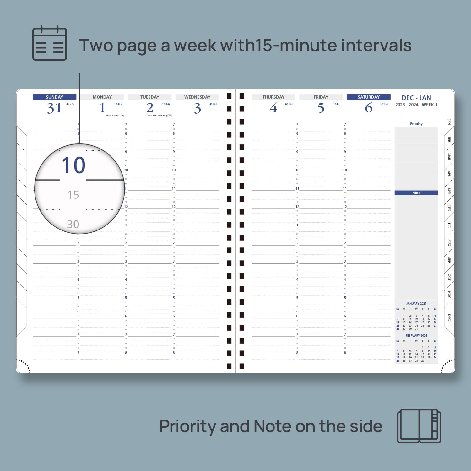 POPRUN 2024 Diary Week to View A4 Spiral Soft Cover 15 Minute Appointment Diary (Sunday start), 24 Weekly Planner Packaged in A Gift Box, Monthly Tabs - Brown