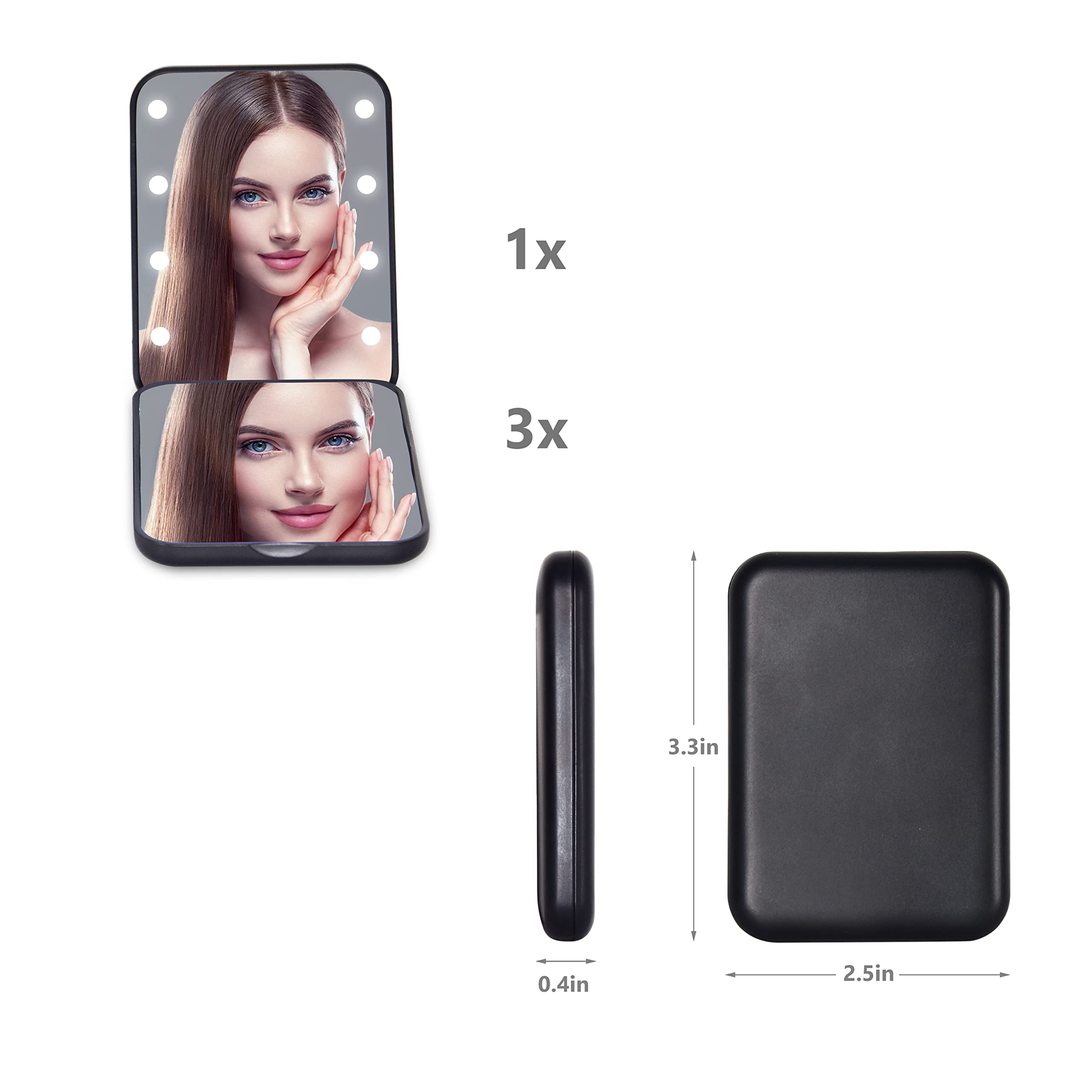 Kintion Pocket Mirror, 1X/3X Magnification LED Compact Travel Makeup Mirror with Light for Purse, 2-Sided, Portable, Folding, Handheld, Small Lighted Mirror for Gift, Black