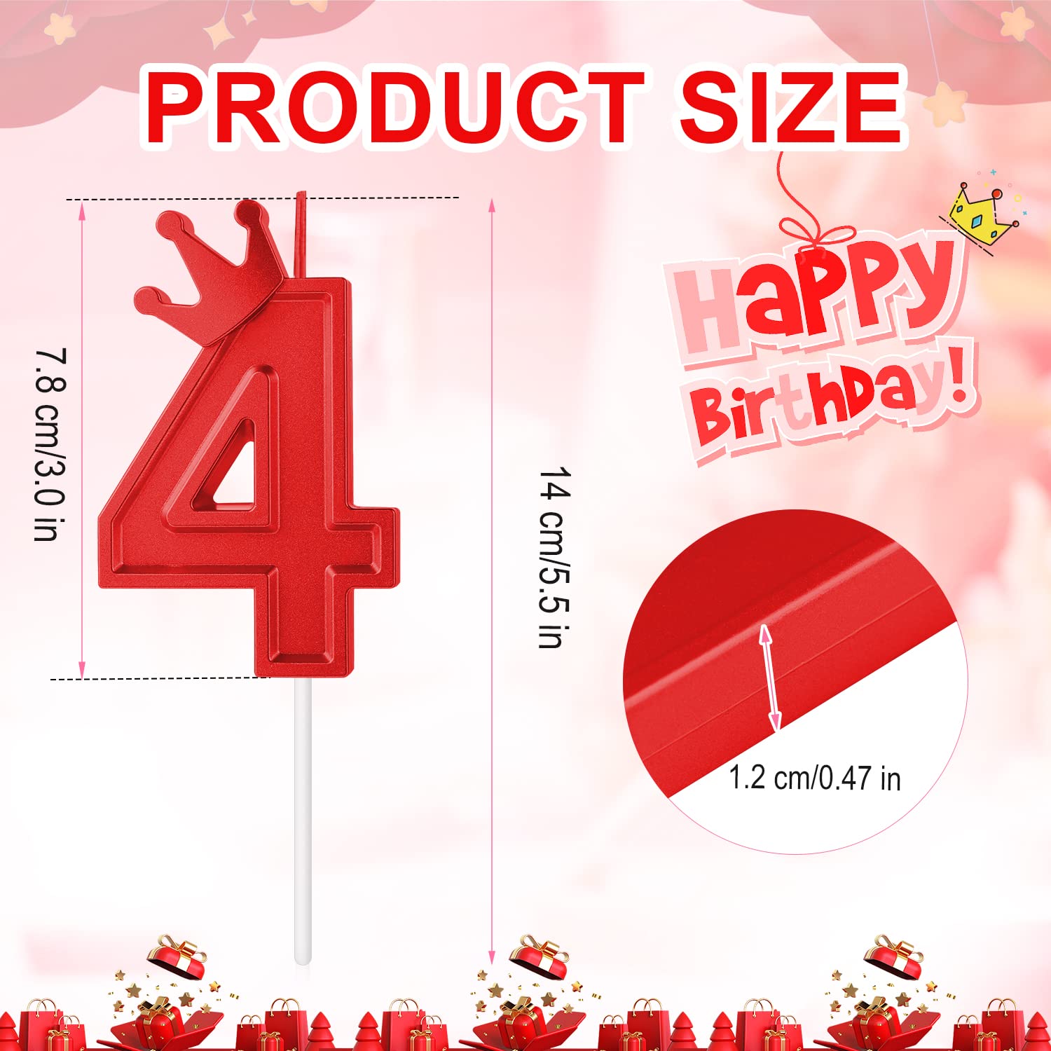 AIEX 3 Inch Birthday Number Candle, Large Birthday Candles 3D Number Candles for Birthday Cakes with Crown Decor Cake Topper Candle for Wedding Valentine Anniversary Festival Party (Red, 4)