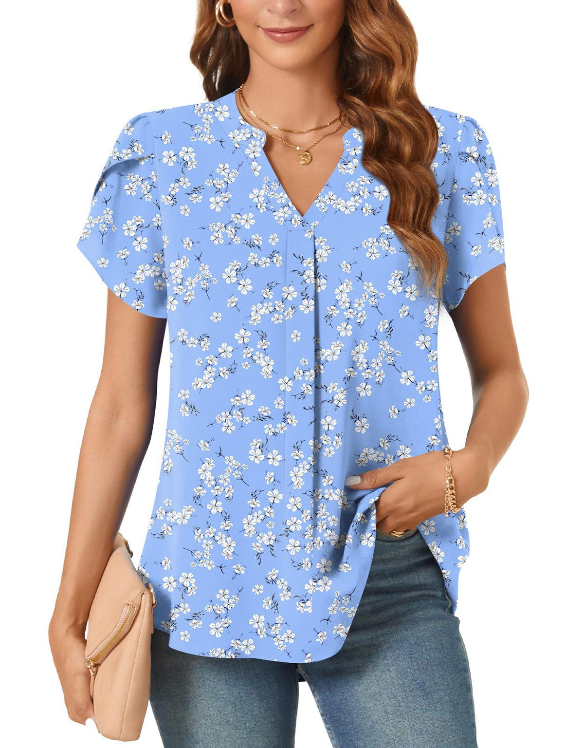 Aodemo Women's Summer Chiffon V Neck Blouses Tulip Short Sleeves Dressy Tunic Office Tops Casual Loose T-Shirts XL, Blue White Flower