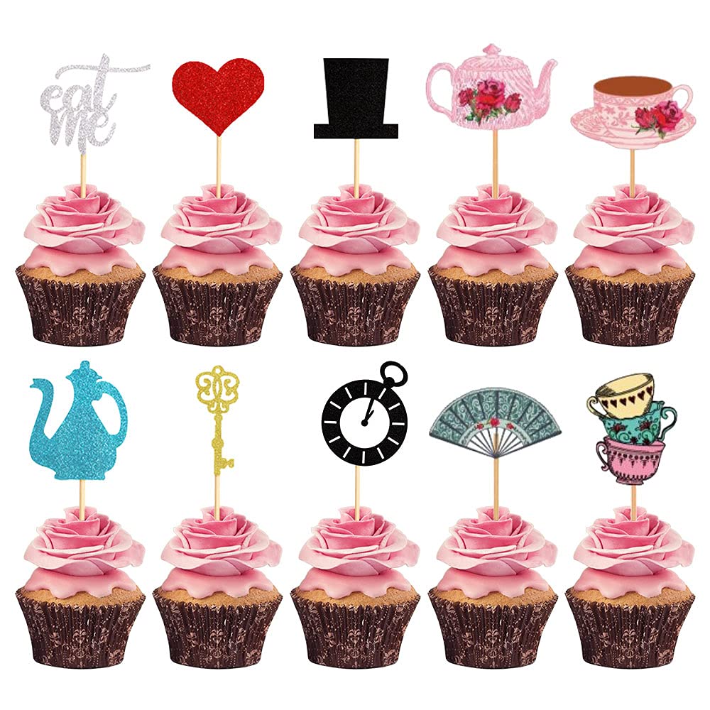 JeVenis Alice In Wonderland Theme Cupcake Topper Tea Party Cupcake Picks Lets Tea Cake Decoration Tea Party Supplies Alice In Wonderland Party Supplies