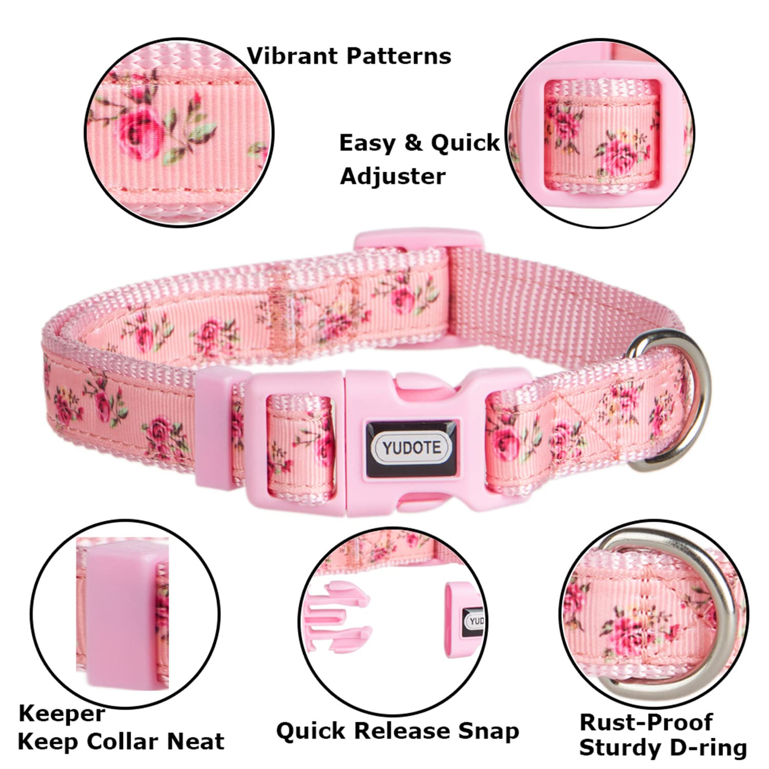 YUDOTE Adjustable Pink Nylon Dog Collar Small with Floral Patterned Ribbon for Puppies Active Female Dogs Neck 25-38cm