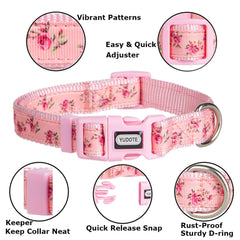 YUDOTE Adjustable Pink Nylon Dog Collar Small with Floral Patterned Ribbon for Puppies Active Female Dogs Neck 25-38cm