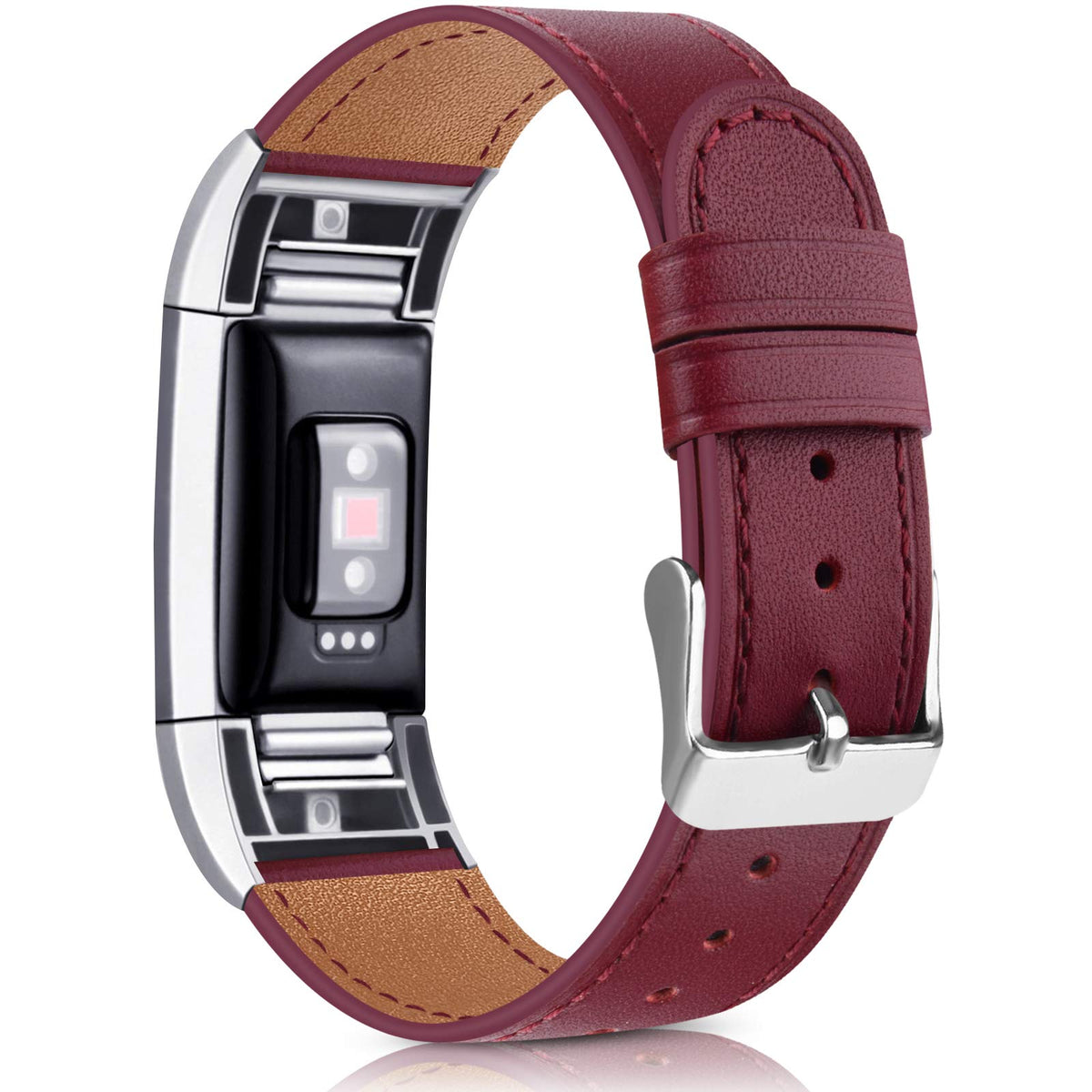 Wanme For Fitbit Charge 2 Strap Leather Straps, Classic Adjustable Replacement Straps with Metal Connectors for Fitbit Charge 2 (05 Wine Red, 5.5 inches - 8.1 inches)