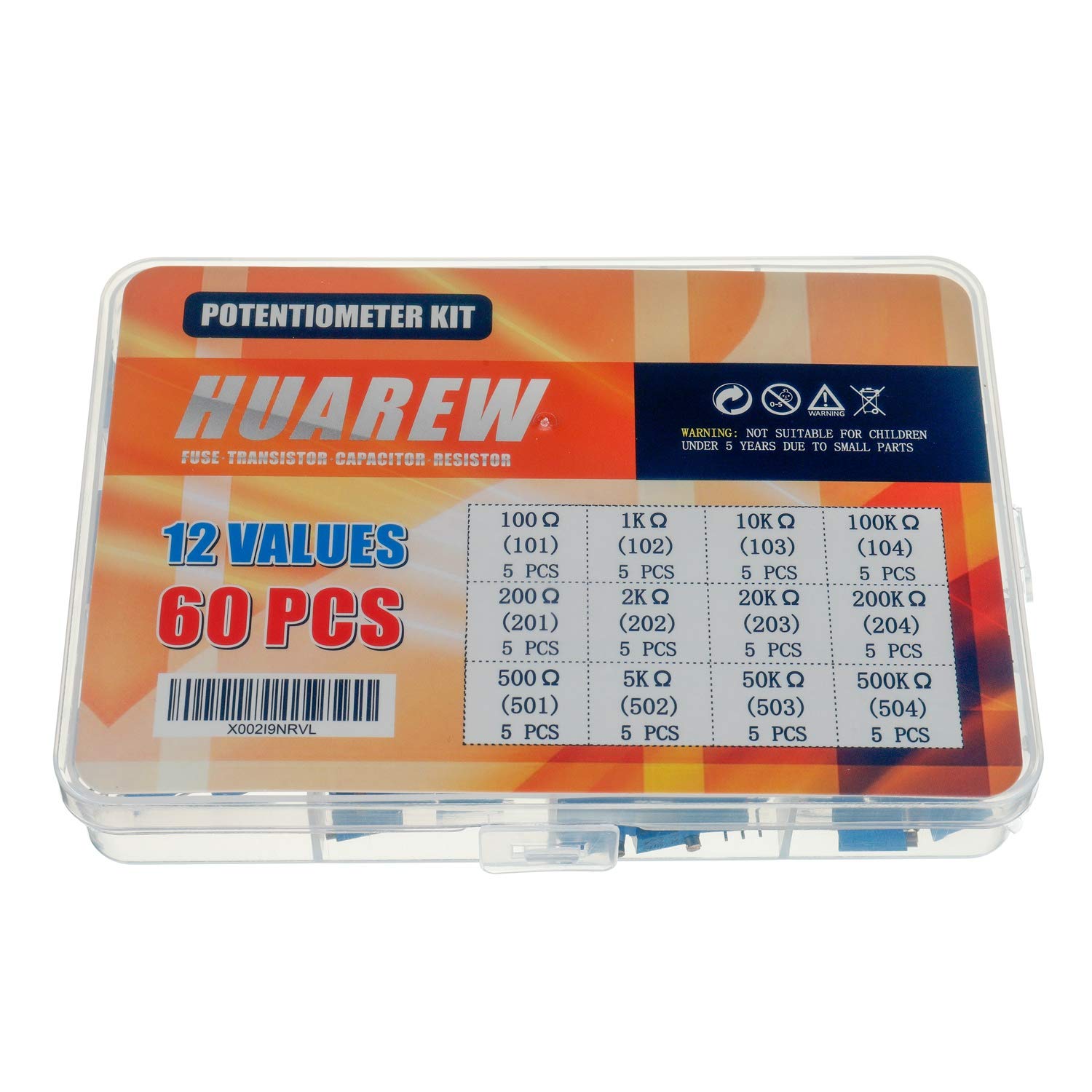 HUAREW 12 Values 60 Pcs 3296W Multiturn Trimmer Potentiometer 100-500 K Ohm Blue 3296 Top Adjustment Variable Resistor Assortment Kit