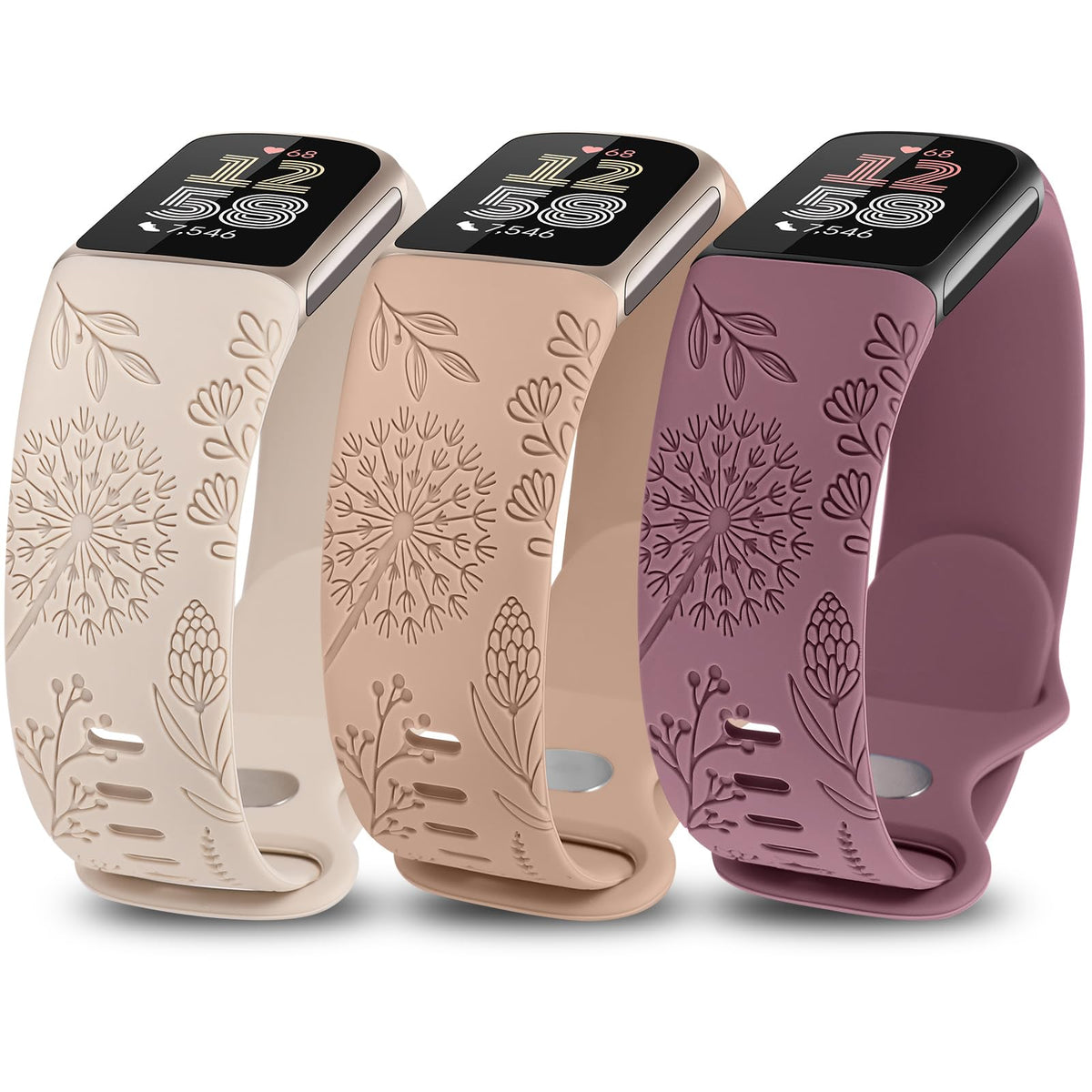 TOYOUTHS 3 Packs Floral Engraved Compatible with Fitbit Charge 5/Charge 6 Strap for Women, Soft Waterproof Silicone Sport Band with Cute Dandelion Flower Pattern, StarlightandMilk TeaandSmoked Violet