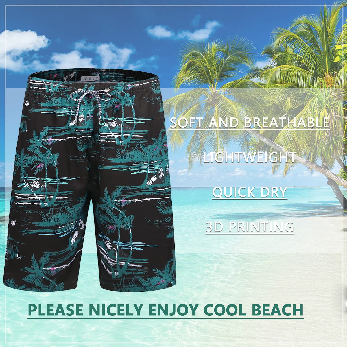 iCKER Mens Swim Shorts Swimming Trunks 3D Print Beach Shorts Boardshorts for Summer