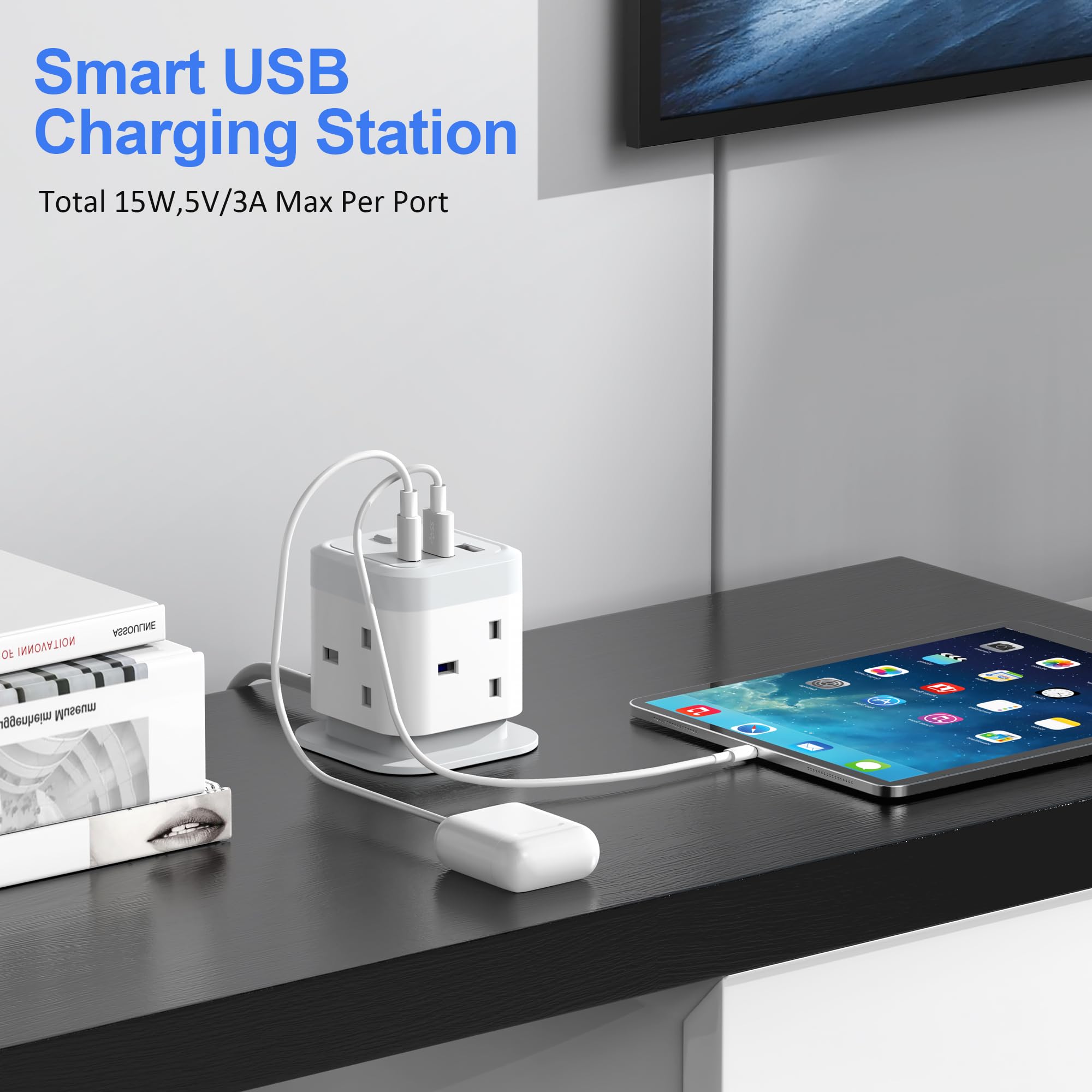 Cube Extension Lead with USB Slots, 4 Way Multi Plug with 2 USB A and 1 USB C Ports, UK Power Strip Surge Protected Extension Tower with Switch and 1.5M Cable Cord for Home, Kitchen, Office