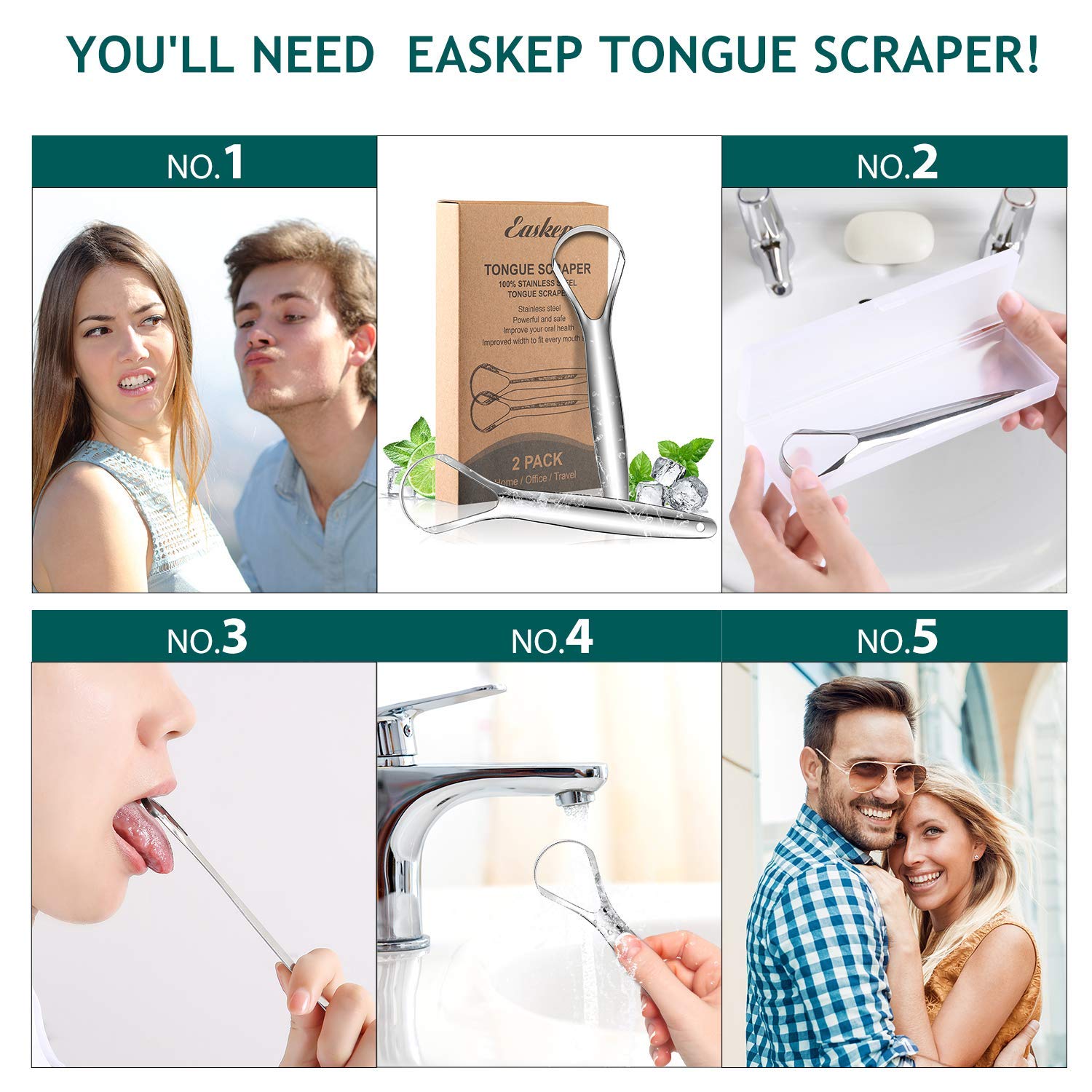 Tongue Scraper (2 Pack), Wide-head Tongue Cleaner with Nice Carrying Box, Easkep 100% Stainless Steel Tongue Scrapers Cleaners, for Men, Women, Adults, Kids, silver