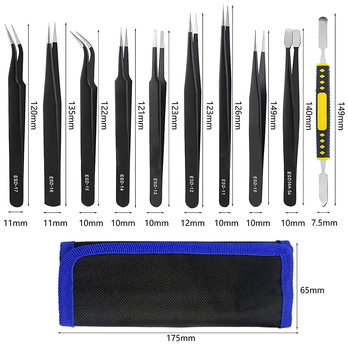 Precision ESD Tweezers Set, Anti-Static Stainless Steel Tweezers Set Kit Perfect for Electronics, Craft, Jewellery, Soldering, Laboratory Work and Detailed Work 10pcs