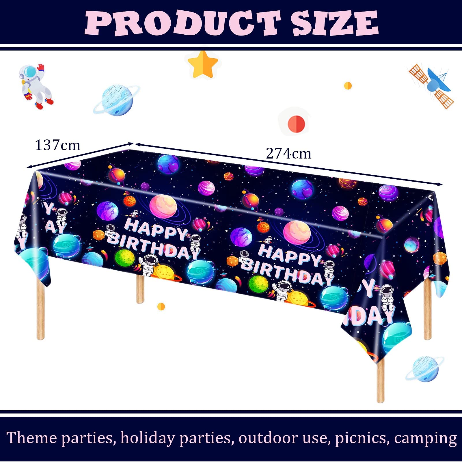 137*274cm Blue Happy Birthday Table Cloth Party for Boys Girls,Outer Space Astronautsh Party Disposable Plastic Tablecloth Table Cover for Kids Baby Girl Boy Birthday Planet Themed Party Decorations