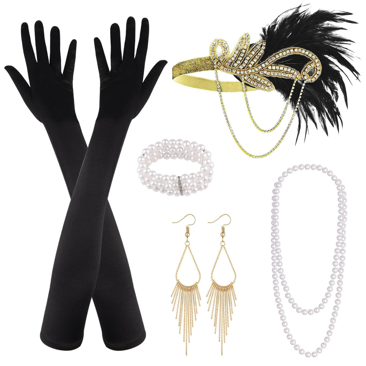 PLULON 7 Pieces 1920s Flapper Great Gatsby Accessories Set Fashion Roaring 20's Theme Set with Headband Headpiece Long Black Gloves Necklace Earrings for Women(Style 4)