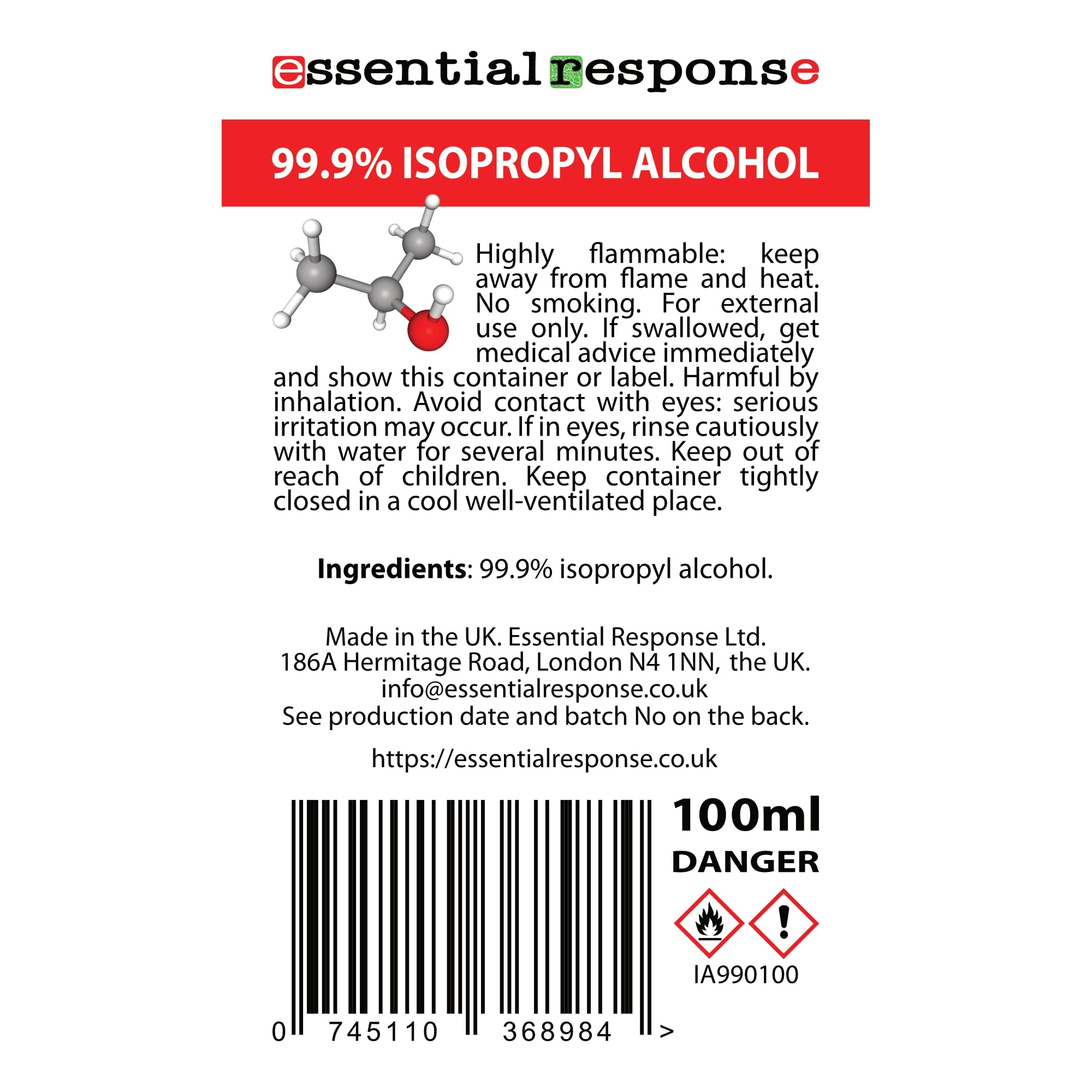 Isopropyl Alcohol 99.9% - Isopropanol - Rubbing Alcohol - 100ml Postal Bottle Spray Cap