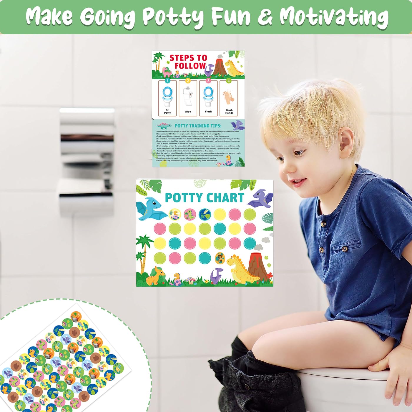 Potty Training Reward Chart, KAMHBE 10 Sheet Potty Training Chart for Toddlers Boys Girls - Dinosaur Potty Chart with Stickers Toilet Training Reward Chart Develop Toileting Habit (Dinosaur)