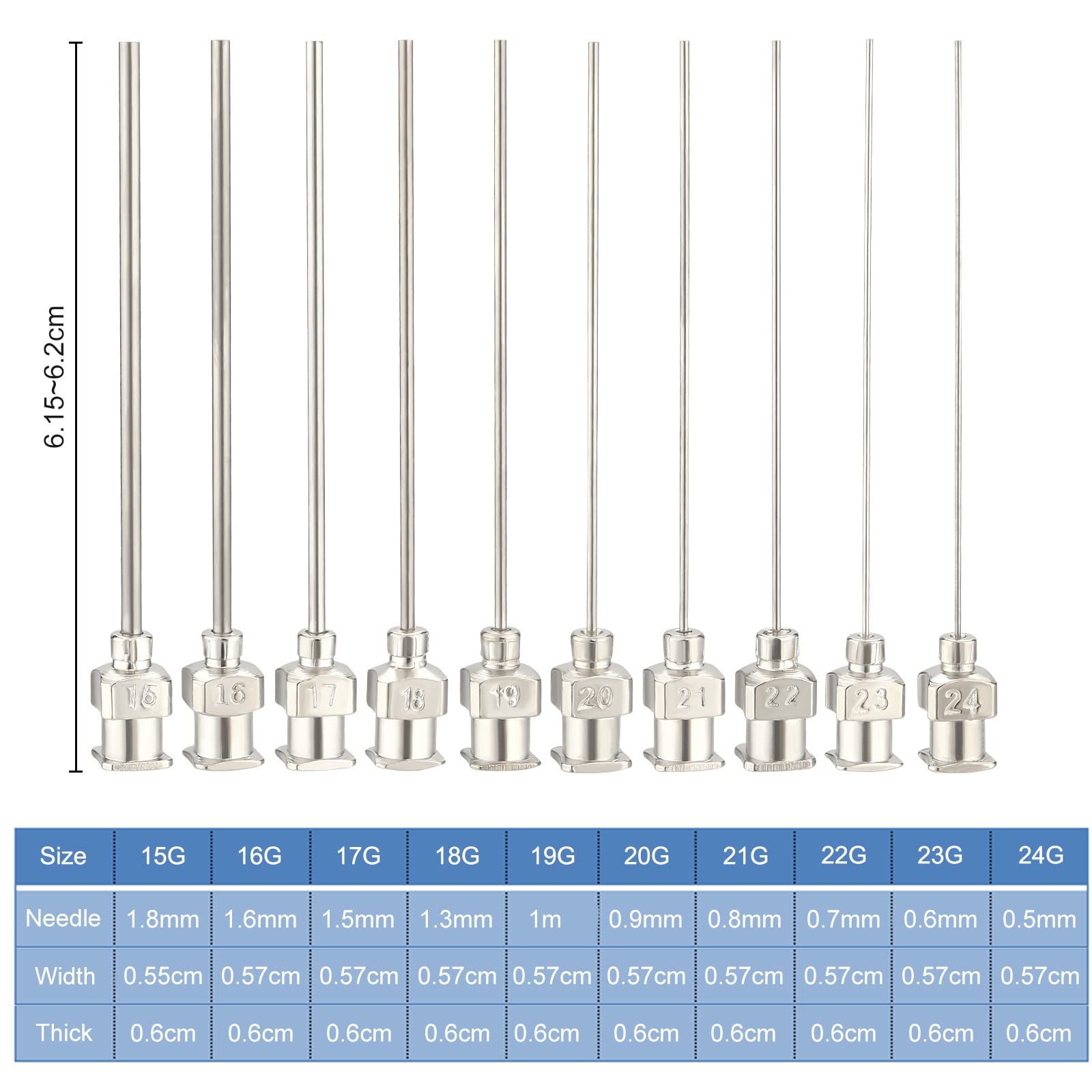 BENECREAT 20Pcs 2inch/5cm Stainless Steel Dispensing Needle Tip Blunt Syringe Needle with Luer Lock for Refilling Glue Syringes, 15/16/17/18/19/20/21/22/23/24G