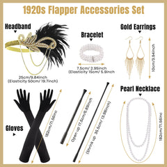 PLULON 7 Pieces 1920s Flapper Great Gatsby Accessories Set Fashion Roaring 20's Theme Set with Headband Headpiece Long Black Gloves Necklace Earrings for Women(Style 4)