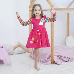 SFreeBo Girls Dress 5-6 Rainbow Long Sleeve Dress Girls Rose Red T-Shirt Dress Kids Winter Cotton Pocket Stripe Casual A-line Dress