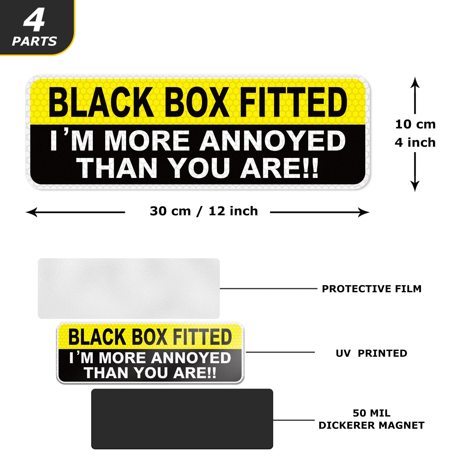 Black Box Fitted Magnetic Sticker 30 × 10 cm Reflective Black Box Car Sticker Security Warning New Driver Car Bumper Speed Monitored Sign Removable Waterproof 4 PCS