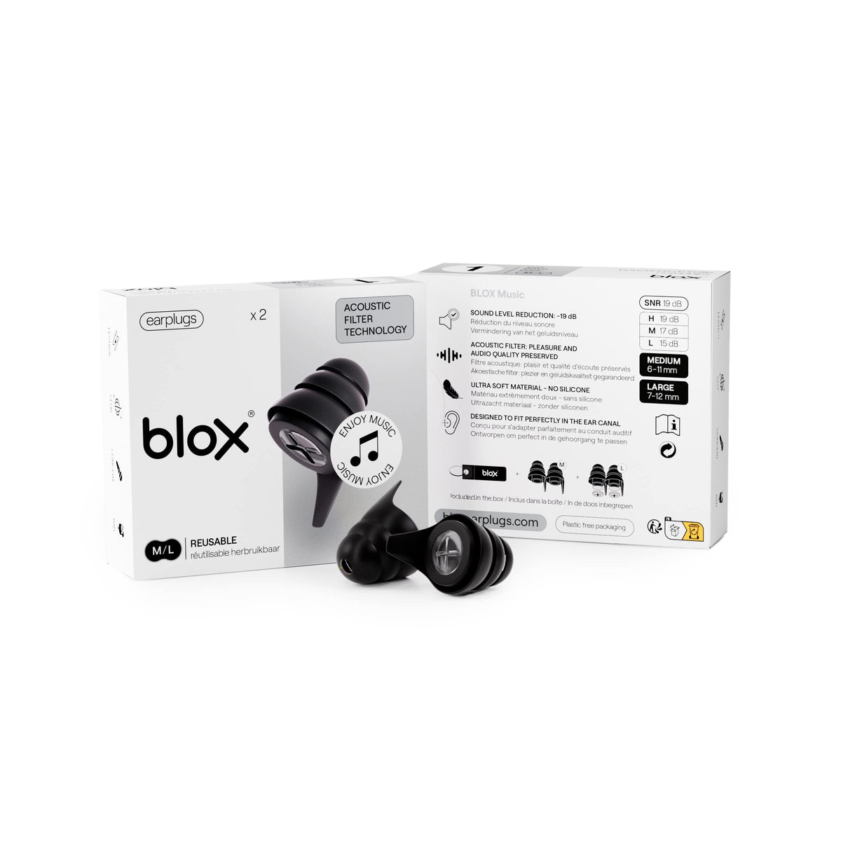 BLOX Music - Earplugs with Acoustic fliter - Concert, Festival and Music - Size M/L - Reusable Hearing Protection - 1 Pair - 19 dB Noise Reduction - Comfort and Optimal Protection