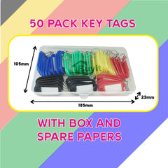 50 x Key Tags with Labels, Key Rings with Tags, Key Fobs with Labels, Name Tags, Plastic Key Labels, Spare Papers, in Handy Box, 5 Colours, for Luggage, ID, Name, Label for Home, Office, School