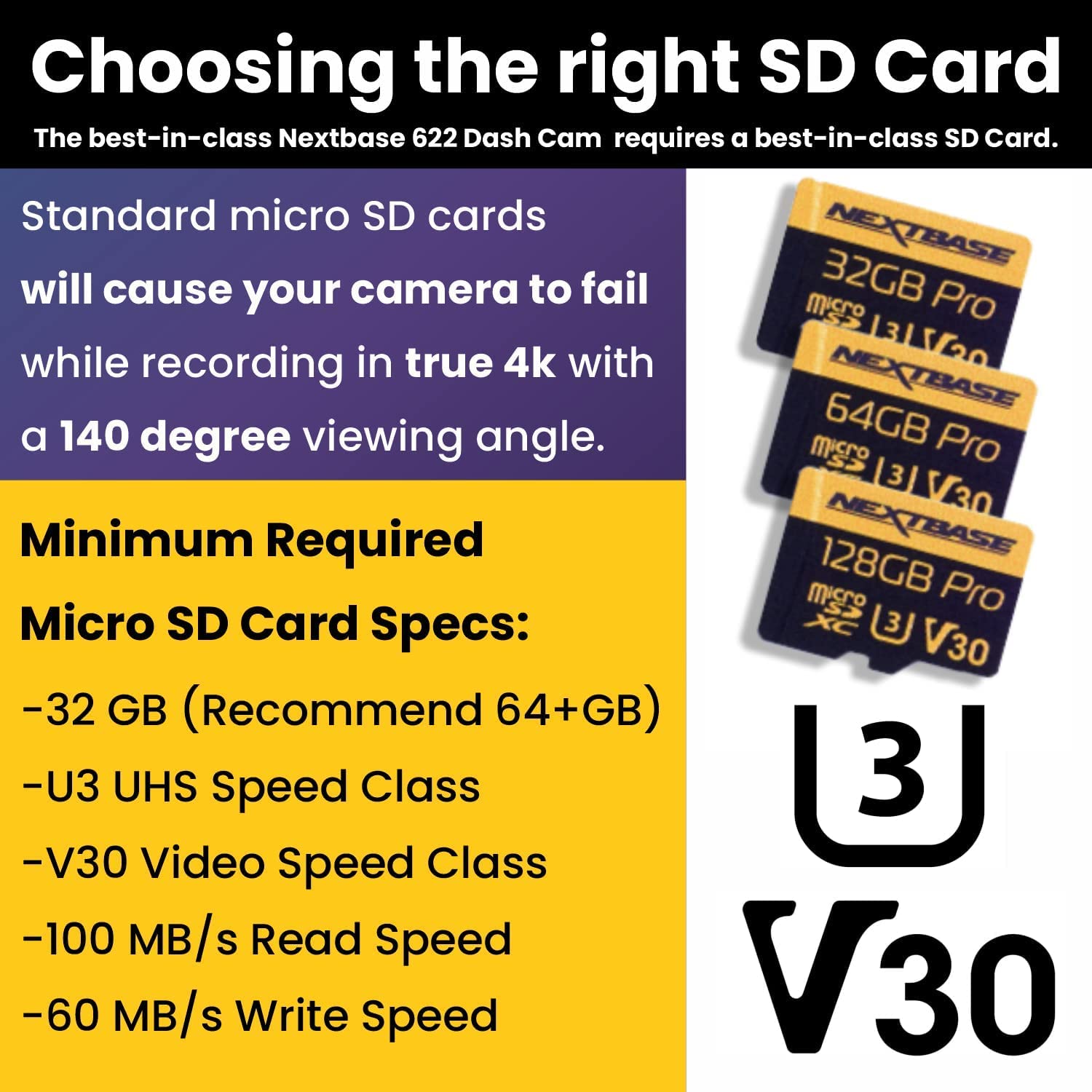 Nextbase 32GB U3 Micro SD Card - Includes Micro SD to SD Adapter - Ultra High Speed Memory Card Compatible with Series 1 and 2 Nextbase Dash Cam Range - Dash Camera Accessories