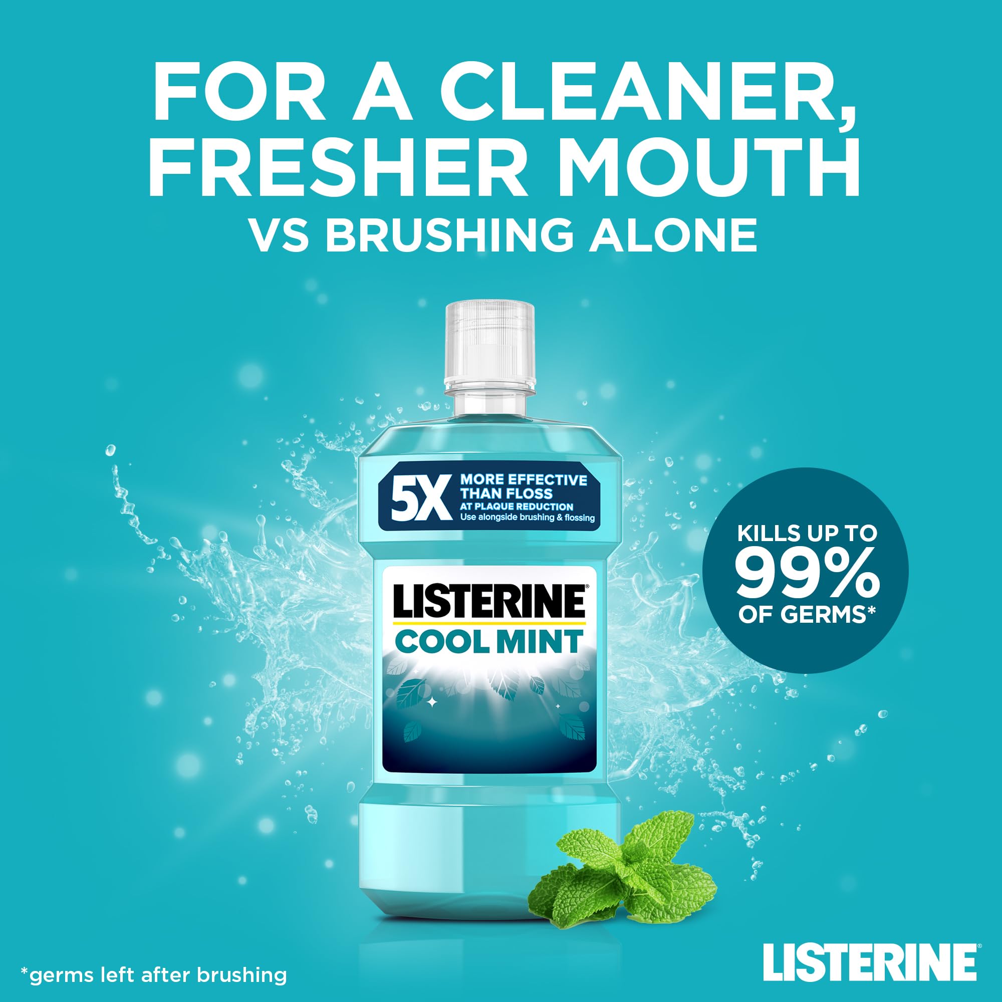 Listerine Cool Mint Mouthwash (1000ml), Helps Kill Up to 99% of Germs Left after Brushing and Reduce Plaque, Mouthwash to Freshen Breath and Maintain Healthy Gums