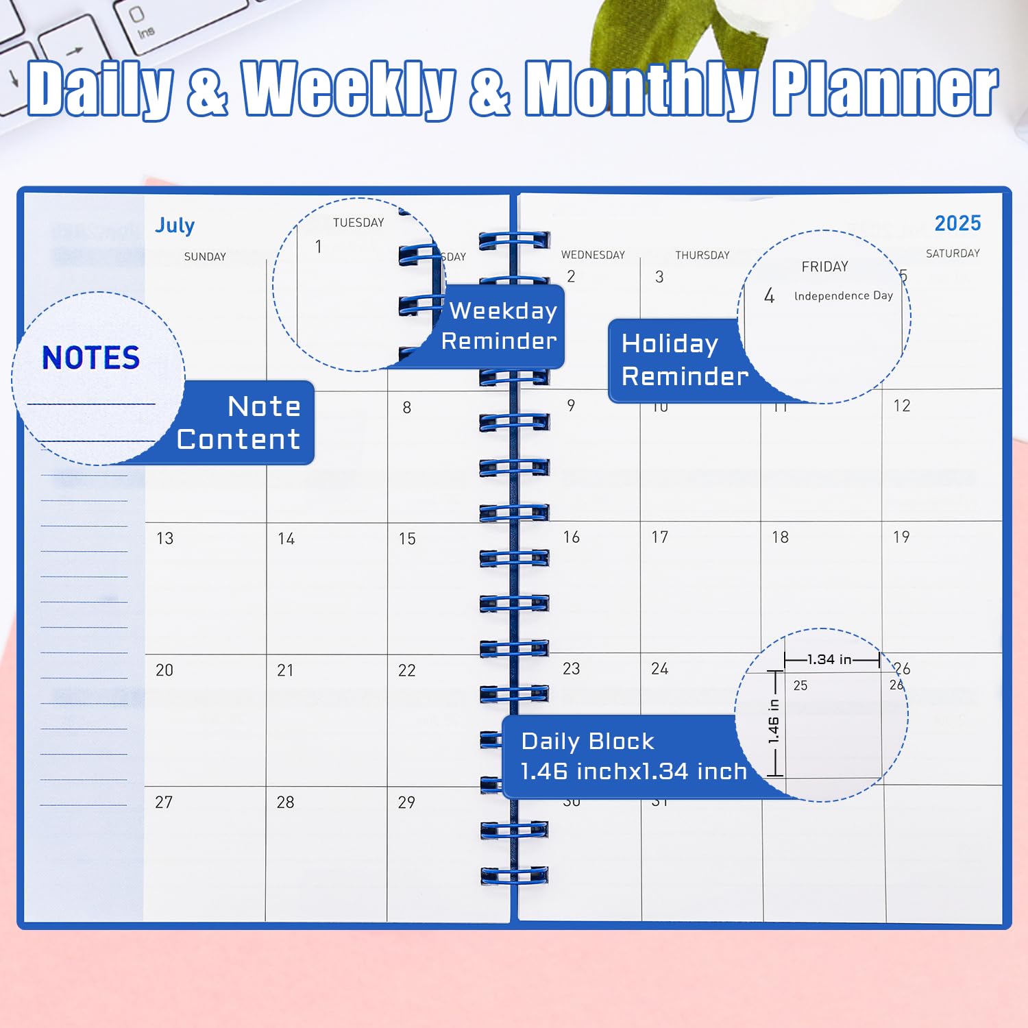 BLESWIN 2024-2025 Monthly Planner, 18 Months Academic Planner with Stickers Tabs, 200 Pages Diary A5 Week to View Spiral Bound, Appointment Books & Planners, Diary Week to View for Women Men