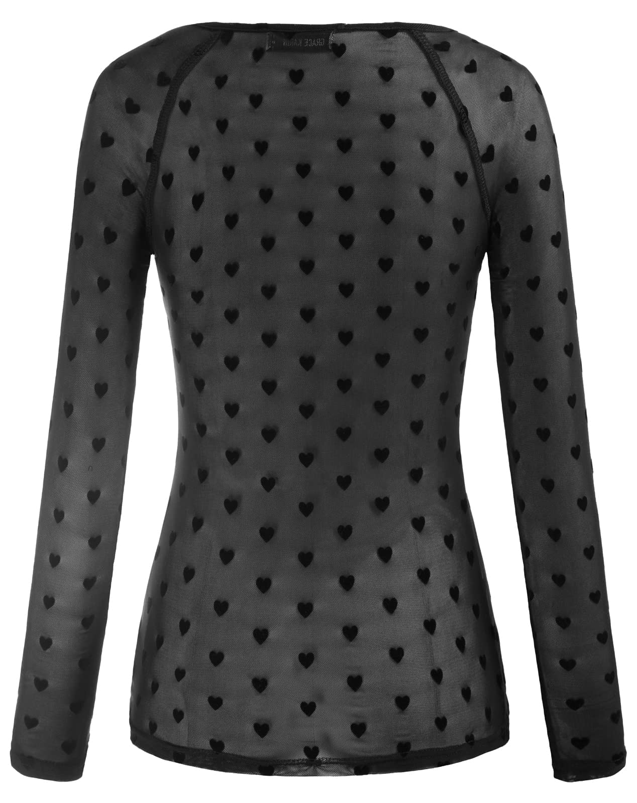 GRACE KARIN 80s Long Sleeves Plain Scoop Neck See Through Sheer Mesh Tops Tunic Slim Fit T-Shirt for Women Black Sweetheart M