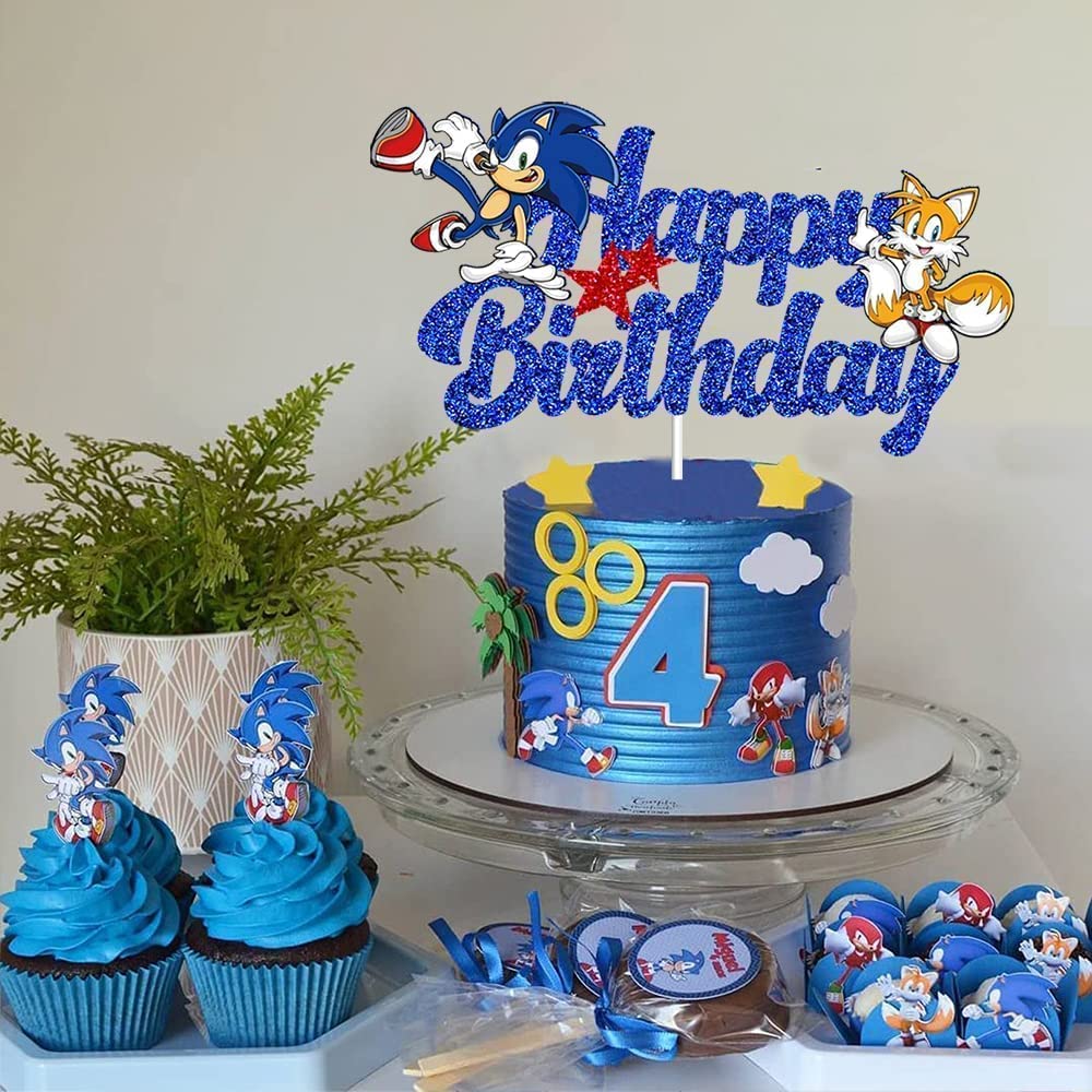 GZDUCK Blue Hedgehog Happy Birthday Cake Topper, Hedgehog Birthday Party Cake Decorations Supplies for Kids Birthday, the Hedgehog Cake Decor Glitter Cake Topper