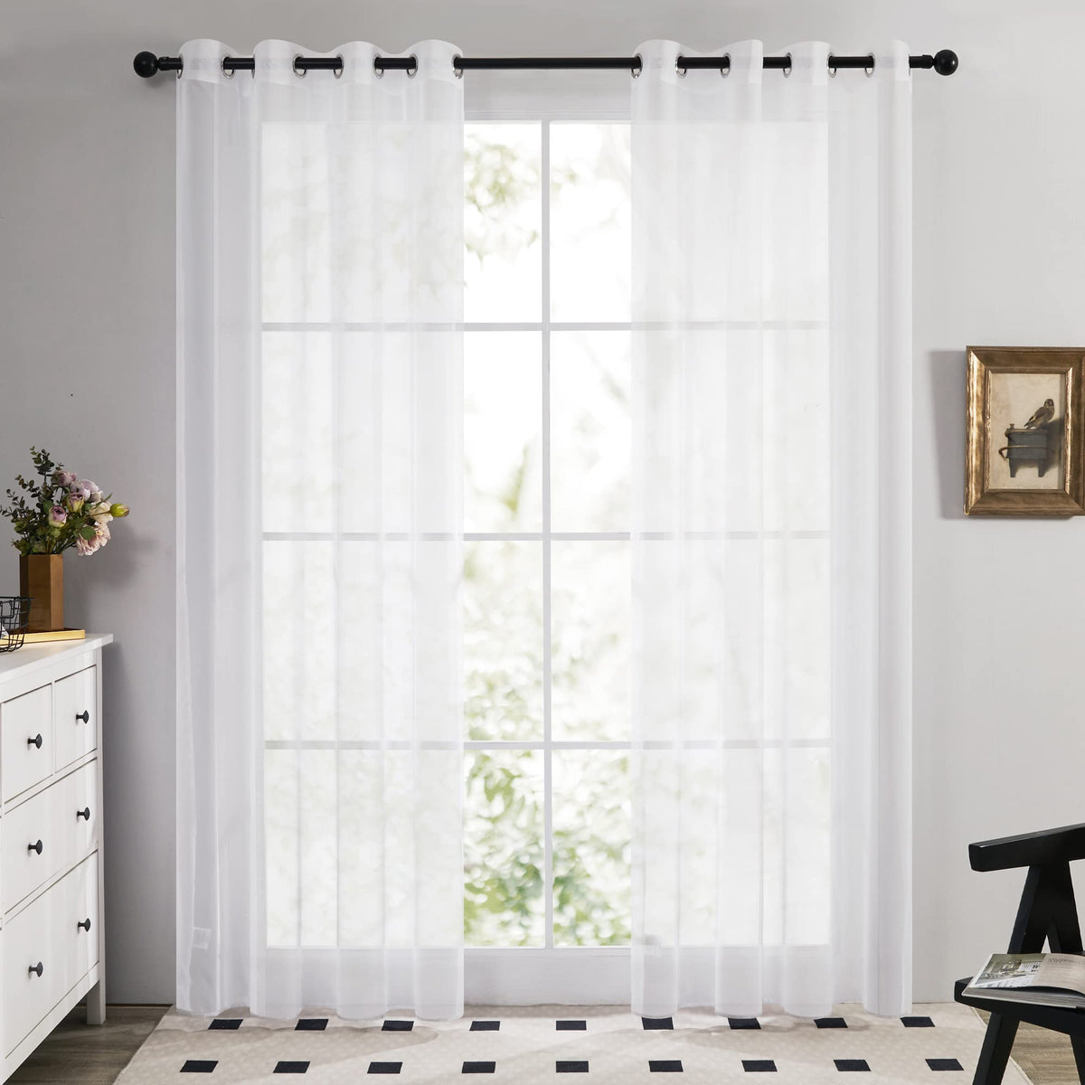 Deconovo Home Decorations Semi Transparent Curtain Voile Panels Back Eyelet Curtains Voile Sheer Curtains for Window 52 x 95 Inch White Two Panels